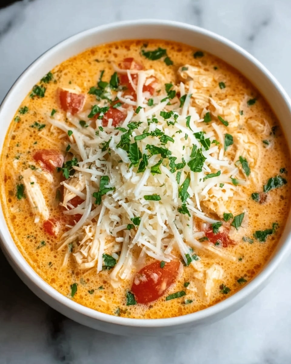 A white bowl filled with creamy orange soup with visible chunks of shredded chicken and small tomato pieces, topped with a generous layer of shredded white cheese and finely chopped green herbs, all resting on a white marbled surface. Photo taken with an iphone --ar 4:5 --v 7