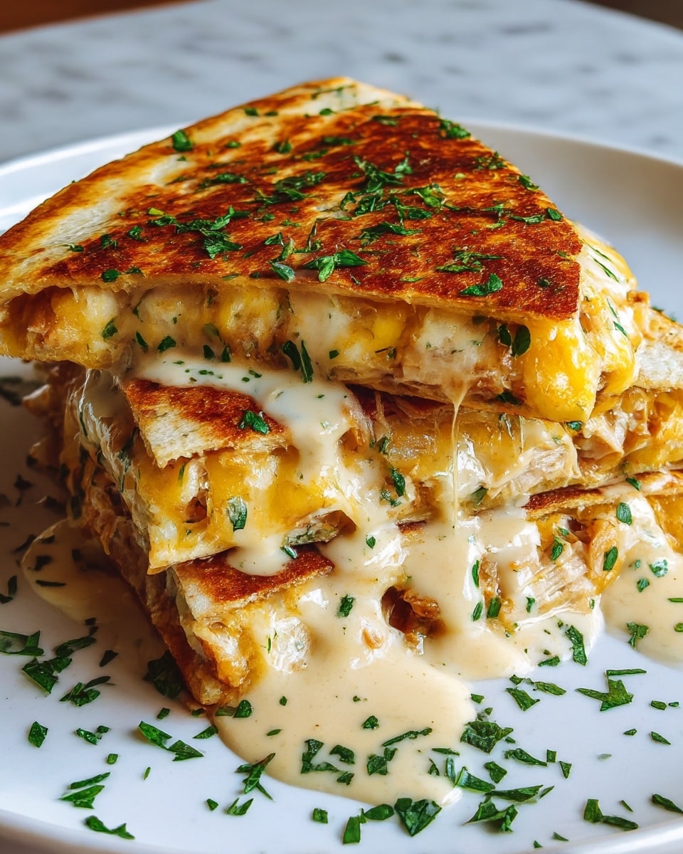 The image shows two triangular quesadilla slices stacked on a white plate with melted cheese and creamy sauce oozing out between two crispy, golden-brown tortillas. The quesadilla layers include the warm, slightly browned tortillas on the top and bottom, a thick layer of melted yellow and white cheese mixed with shredded chicken in the middle, and a creamy, light beige sauce dripping from the sides. The dish is sprinkled with vibrant green chopped herbs that add a fresh touch on top and around the plate, all set against a white marbled texture surface. photo taken with an iphone --ar 4:5 --v 7