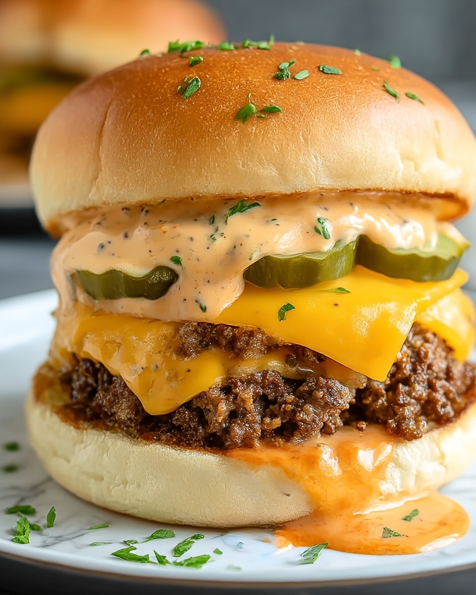 A close-up image of a sloppy joe sandwich with three visible layers: a soft, smooth, golden brown top bun; a thick layer of cooked, crumbly ground beef mixed with melted orange cheddar cheese and topped with a creamy, light brown sauce with specks, dripping down the sides; and a bottom bun that is pale golden with a soft, slightly toasted texture. The sandwich sits on a white plate with a white marbled textured surface in the background. photo taken with an iphone --ar 4:5 --v 7