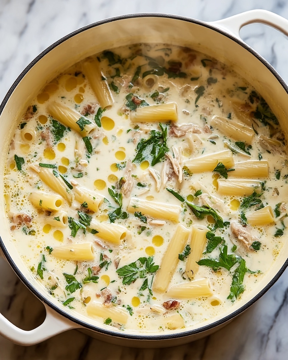 A large white pot filled with creamy soup showing three main layers: a white creamy broth base with small yellow oil spots, short pale yellow pasta tubes floating throughout, and chunks of light brown shredded meat mixed evenly in the soup. Bright green leafy herbs are sprinkled on top, adding contrast to the creamy tones. The soup has a slightly textured, thick liquid appearance with steam rising gently. The pot is placed on a surface with a white marbled texture. photo taken with an iphone --ar 4:5 --v 7