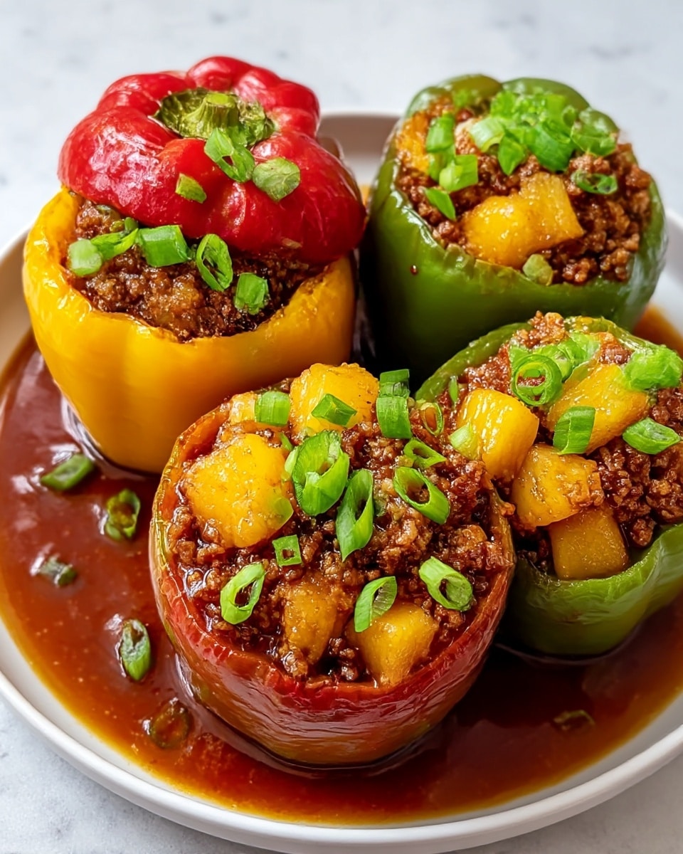 Four stuffed bell peppers sit on a round white plate placed on a white marbled surface. Each pepper is hollowed out and filled with a mix of brown cooked ground meat and chunks of yellow pineapple. The peppers include two red, one yellow, and one green, arranged close together. The filling is topped with bright green chopped scallions, and a glossy dark brown sauce pools around the base of the peppers, creating a rich, shiny coating. Photo taken with an iphone --ar 4:5 --v 7