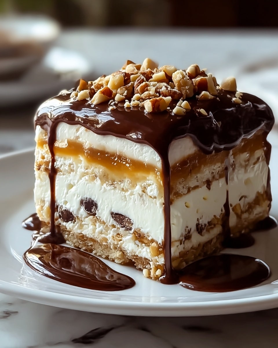 A close-up view of a square slice of layered dessert on a white plate, showing four distinct layers inside: a bottom layer with small crunchy bits mixed in, a creamy white layer with dark chocolate chips, a caramel-brown layer above that, followed by a thick white layer, and topped again with a thin caramel layer. The dessert is covered with a glossy dark chocolate sauce dripping over the sides, and a generous sprinkle of chopped nuts sits on top. A drop of chocolate sauce pools on the plate next to the dessert, all set against a softly blurred background and white marbled surface. photo taken with an iphone --ar 4:5 --v 7