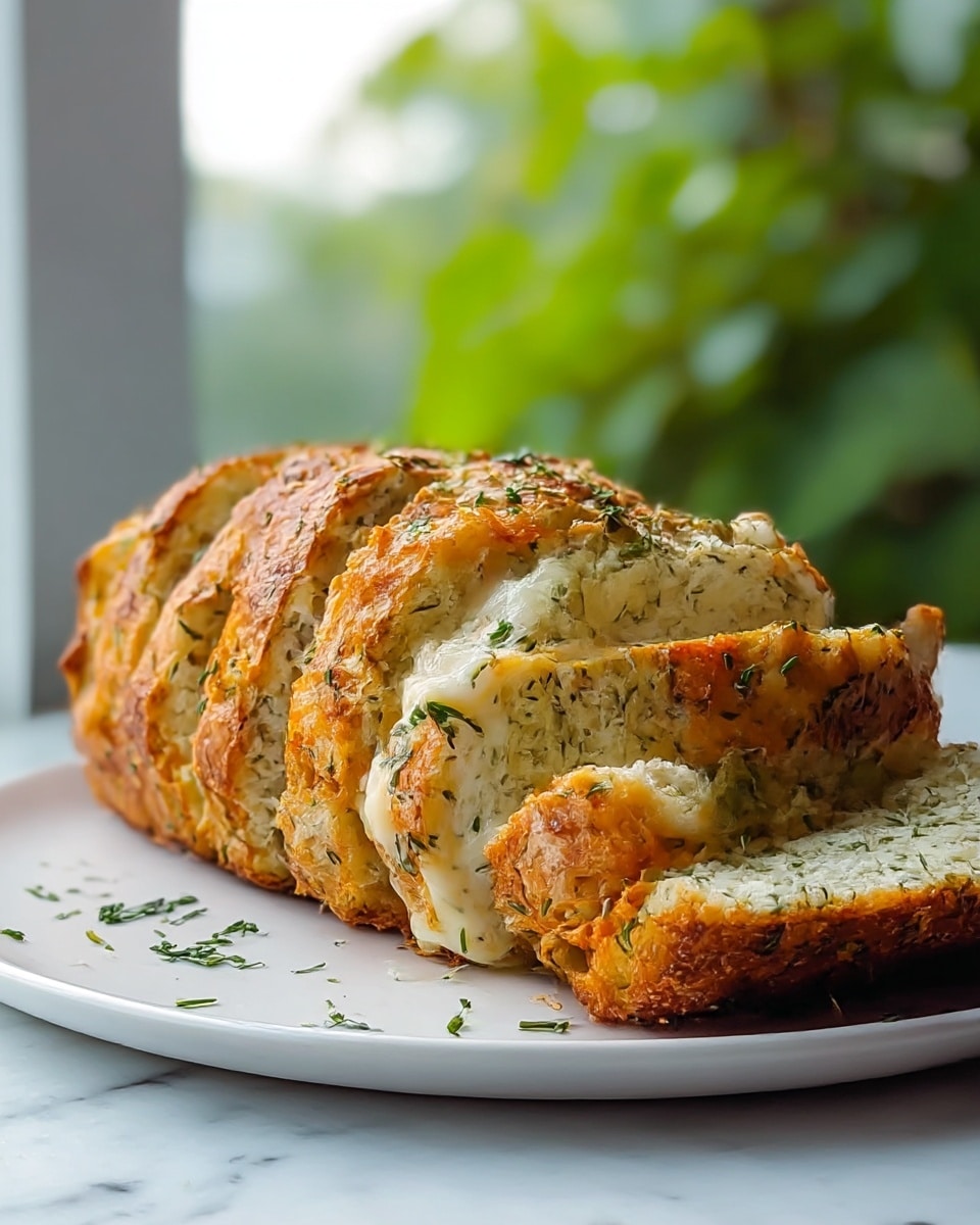 A loaf of bread sits on a white plate over a white marbled surface, cut into several thick slices. The bread has a golden brown, crispy crust with visible herbs baked into it. Inside, the soft bread is layered with melted cheese that is creamy white and orange in color, oozing slightly out of the slices. Small green herb flakes are scattered on and around the bread, adding texture and color contrast. In the background, there is a soft blur of green foliage and light coming through a window. photo taken with an iphone --ar 4:5 --v 7