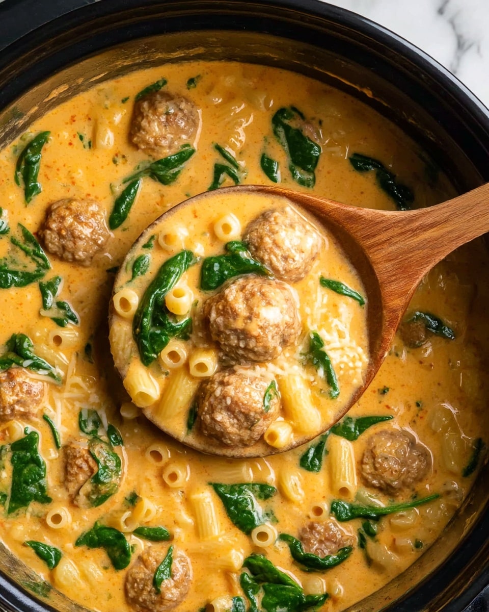 This image shows a creamy, orange-colored soup with small meatballs, bright green spinach leaves, and tiny tube-shaped pasta, all mixed together in a black pot. The soup liquid is thick and smooth, covering the round meatballs and pasta evenly, with the spinach leaves floating on top and inside. A wooden spoon is scooping up a portion of the soup, revealing the different textures and colors clearly: the orange broth, the light brown meatballs, the pale yellow pasta, and the fresh green spinach. The background is a white marbled texture. Photo taken with an iphone --ar 4:5 --v 7