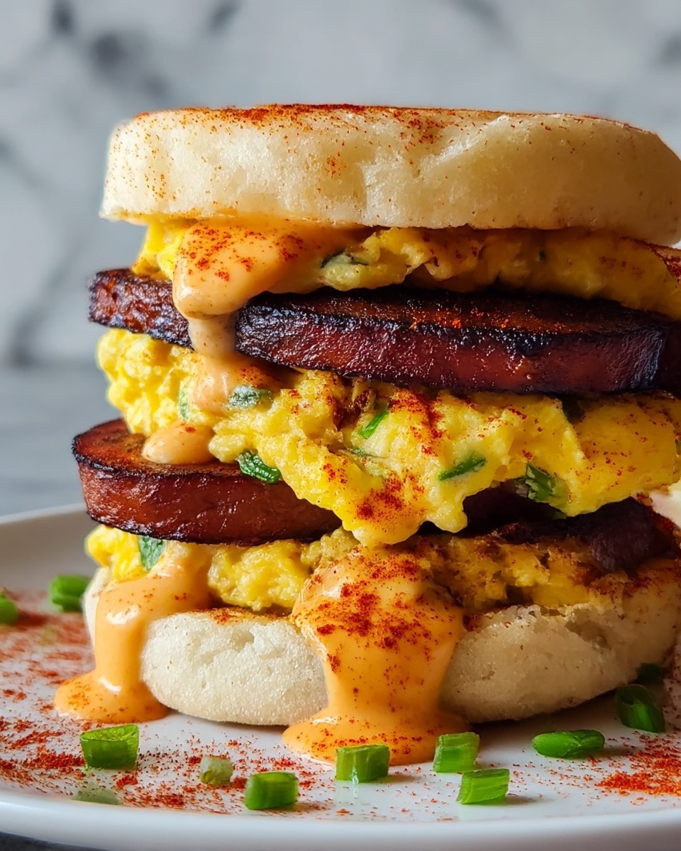 The image shows a thick breakfast sandwich with four main layers between two halves of a toasted English muffin, all with a light golden crust. The bottom layer is the muffin base, soft and slightly textured. Above it, there is a folded bright yellow scrambled egg layer with bits of green herbs mixed in. Next is a dark, crispy slice of sausage or meat with a slightly charred edge. Another fluffy scrambled egg layer rests above the meat, topped with another dark grilled meat slice. The top muffin half crowns the sandwich. A creamy orange sauce with a smooth, slightly runny texture drips over the sides, dusted with a reddish spice and sprinkled pieces of chopped green onion. The sandwich sits on a white plate, with a white marbled texture in the background. photo taken with an iphone --ar 4:5 --v 7