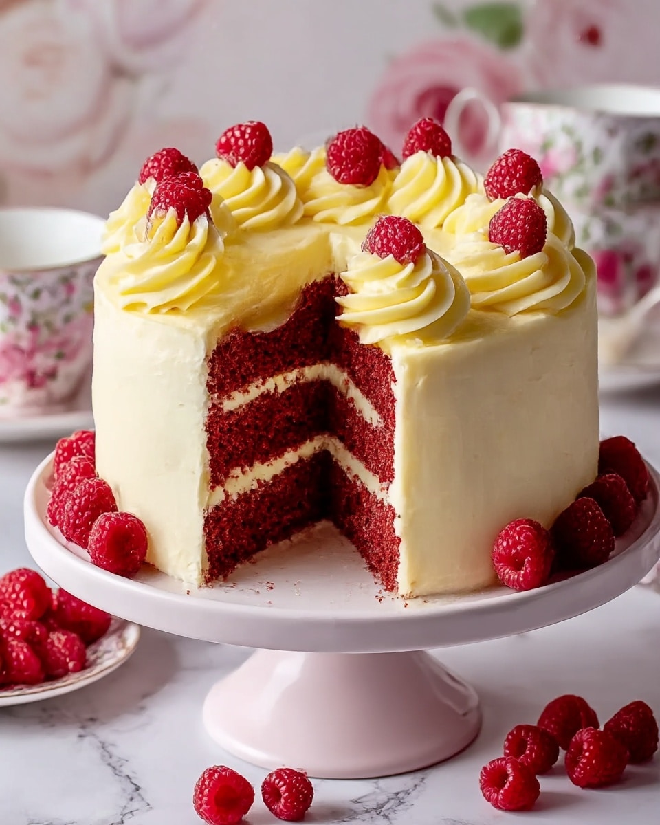 The image shows a three-layer red velvet cake with creamy white frosting between each layer and covering the outside. The cake sits on a white cake stand with a pale pink base, placed on a white marbled surface. The frosting on top is decorated with smooth swirls of pale yellow cream, each topped with bright red raspberries. More raspberries are scattered around the base of the cake on the cake stand. The background has soft-focus floral elements and a cup with a rose pattern, enhancing the delicate and inviting look of the cake. photo taken with an iphone --ar 4:5 --v 7