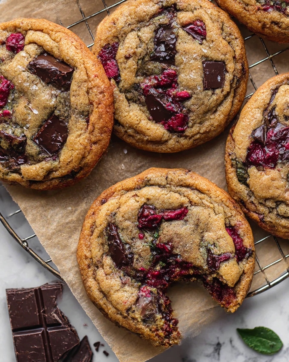 The image shows several round chocolate chip cookies with raspberry pieces baked into them. Each cookie has a golden brown, slightly crispy edge with a soft, gooey center where melted dark chocolate chunks and bright red raspberry bits peek through the light tan dough. The cookies are arranged on a black wire cooling rack, set on a white marbled surface, with two small pieces of dark chocolate and a sprig of rosemary nearby. One cookie is broken in half, revealing a rich, chocolatey inside. photo taken with an iphone --ar 4:5 --v 7