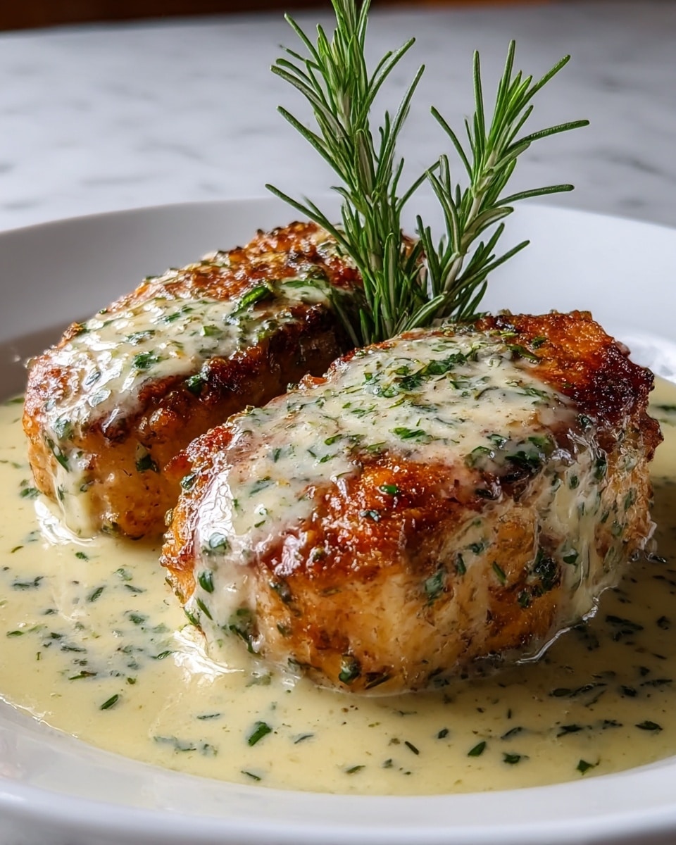 Two pieces of crispy, golden brown chicken sit on a white plate, covered with a creamy herb sauce that pools around the base. The chicken has a textured, crunchy crust with visible herbs baked into the surface. The sauce is light in color with green flecks of fresh herbs scattered throughout, giving a fresh and rich look. A sprig of fresh rosemary leans gently against the chicken, adding a touch of green and height to the dish. The background is softly blurred with warm colors, and the plate rests on a white marbled surface. Photo taken with an iphone --ar 4:5 --v 7