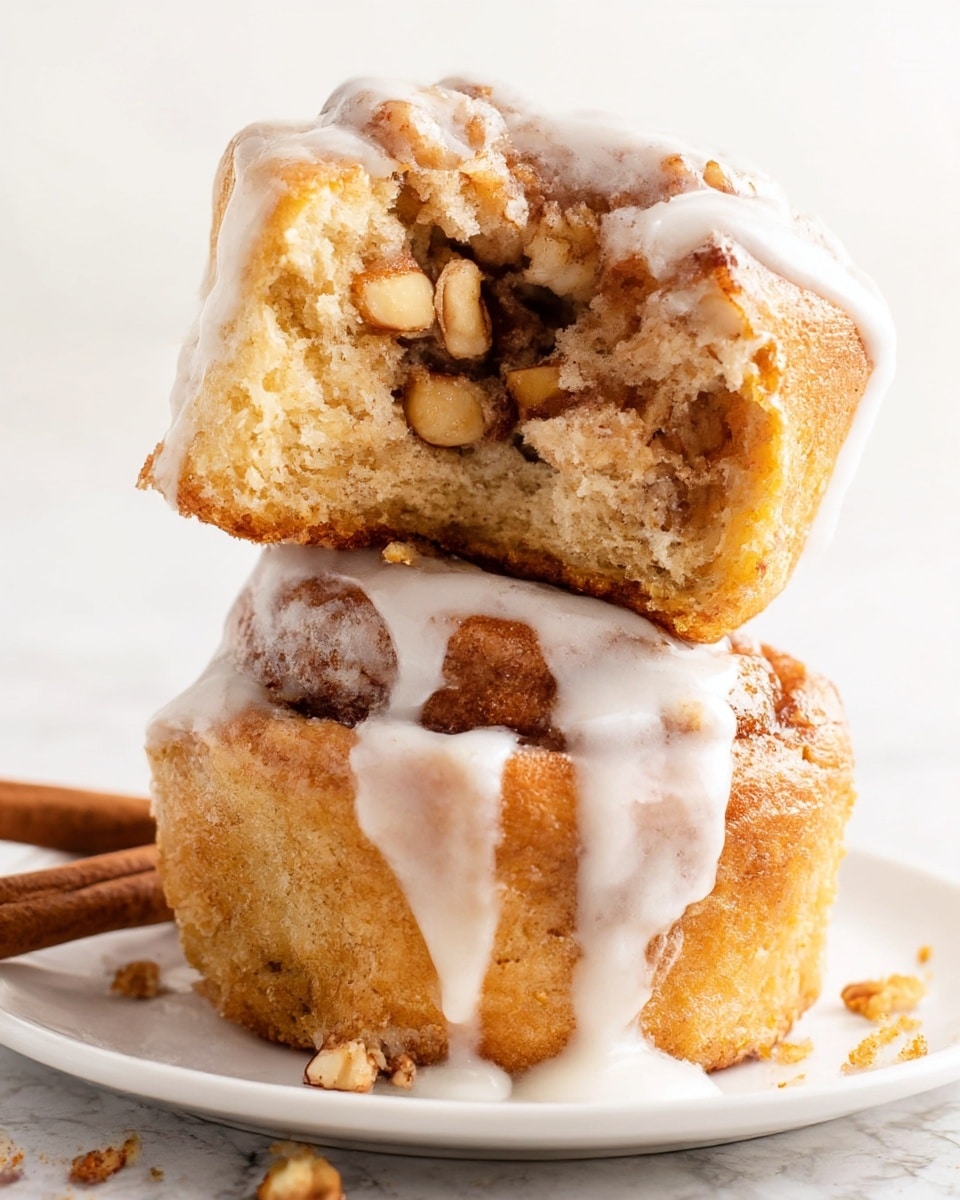 A stack of two cinnamon rolls sits on a white plate over a white marbled texture. The bottom roll shows a golden-brown, soft dough with melted white glaze dripping down the sides, highlighting its layers and swirls of cinnamon sugar inside. The top roll is split open, revealing a fluffy, light brown inside with pockets of cinnamon filling and bits of nuts, also topped with thick, white icing that drips over the edges. In the scene, there are small crumbs scattered and a cinnamon stick rests near the base of the rolls. Photo taken with an iphone --ar 4:5 --v 7