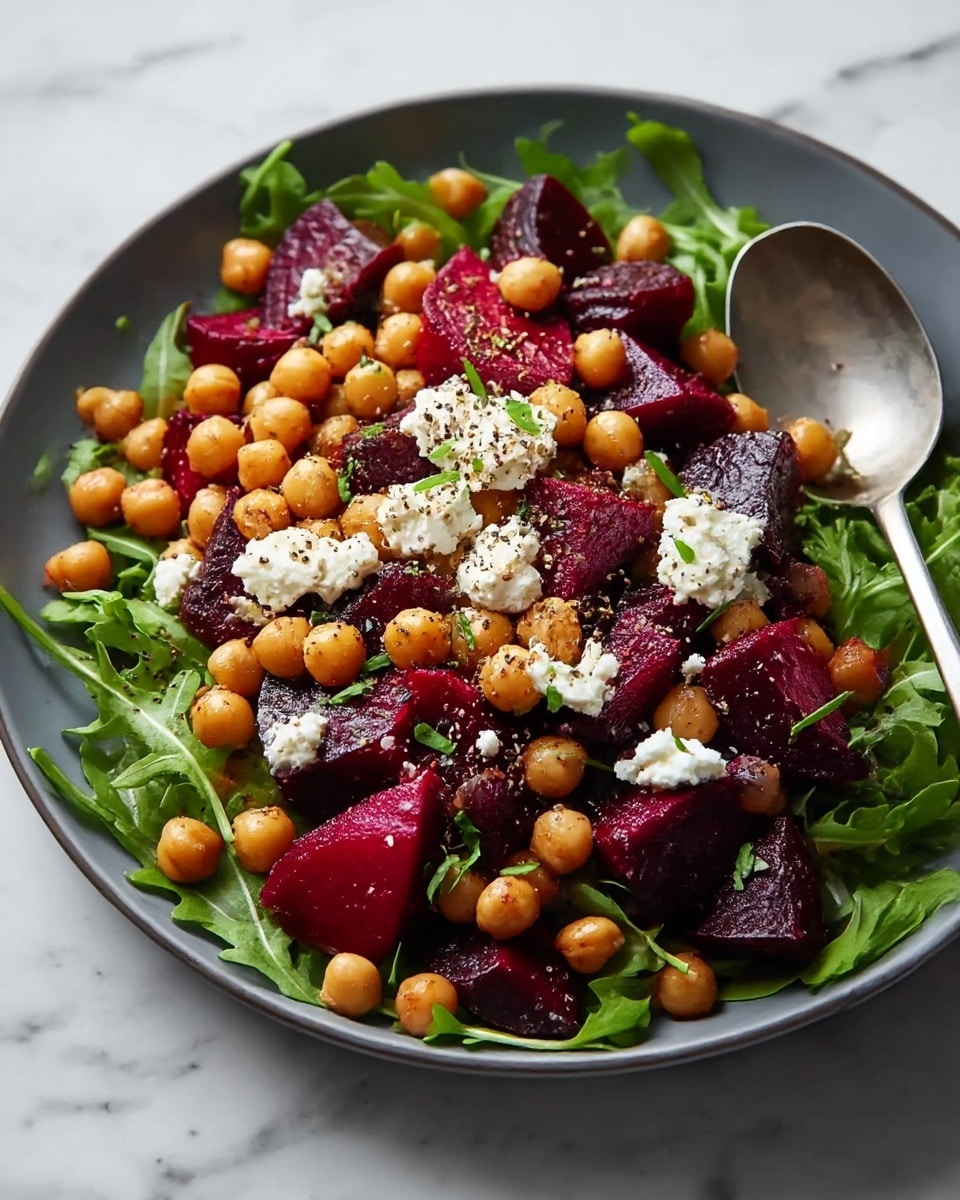 A white plate filled with a colorful salad, featuring a base layer of bright green arugula leaves spread evenly at the bottom. On top, there are thick slices of deep red roasted beets placed all over, with a generous layer of light golden chickpeas scattered across the dish. Small dollops of white creamy goat cheese are sprinkled throughout, adding texture and contrast. Tiny green parsley pieces are lightly scattered on top along with a dash of black pepper and mustard seeds, giving a speckled look. A silver fork rests on the right edge of the plate, all set on a white marbled textured surface. Photo taken with an iphone --ar 4:5 --v 7