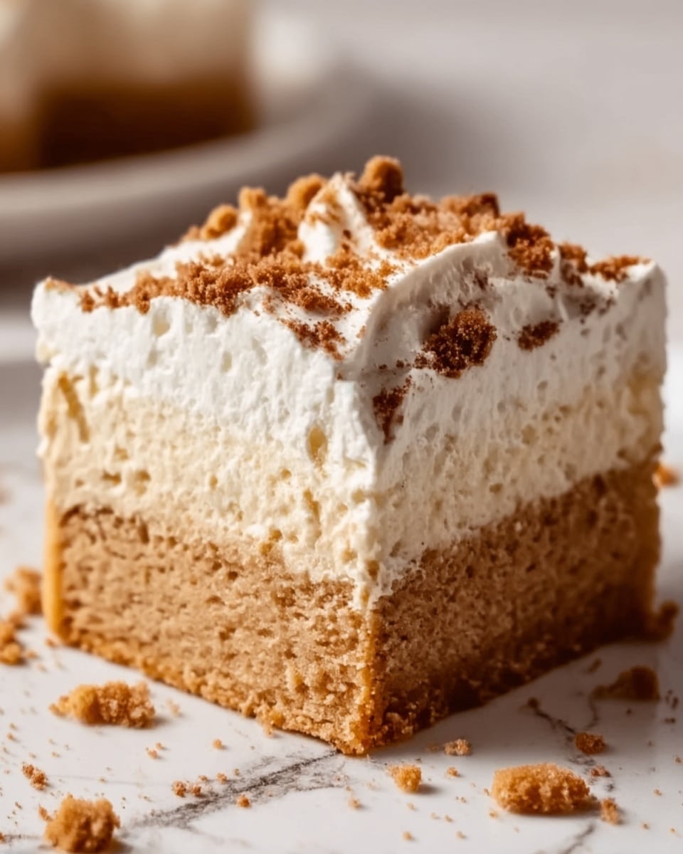 A close-up view of a square slice of dessert held above a white dish, showing two layers: a thick, creamy, light brown bottom layer with a slightly bumpy texture, and a thick, fluffy white top layer with a whipped cream look. The top is sprinkled with small golden cookie crumbles. The background and dish rest on a white marbled surface, giving a clean and bright setting. photo taken with an iphone --ar 4:5 --v 7