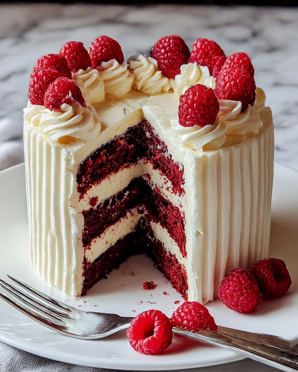 A small round cake with three dark red layers and two thick white cream layers inside, covered outside with smooth white cream frosting that has thin horizontal ridges. The top edge of the cake is decorated with white cream swirls evenly spaced around the circle, each topped with a bright red raspberry. Two more raspberries sit on the white plate next to the cake, which is partly cut to show the inside layers. A silver fork rests on the plate beside the cake, and the background is a white marbled texture. Photo taken with an iphone --ar 4:5 --v 7