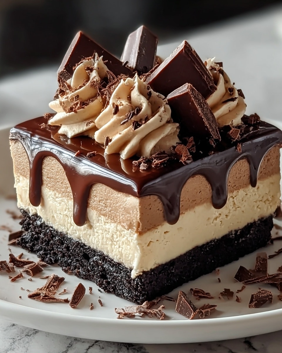 A square piece of layered chocolate dessert sits on a white plate with a white marbled texture background. The bottom layer is a dark, crumbly chocolate base, topped by a thick, smooth light brown creamy layer. Above this is a shiny, dark chocolate glaze that drips slightly over the sides. On top, there are swirls of light brown cream, sprinkled with small dark chocolate shavings, and several large chunks of dark chocolate are placed on the cream, adding height and texture. Scattered chocolate shavings surround the dessert on the plate. Photo taken with an iphone --ar 4:5 --v 7
