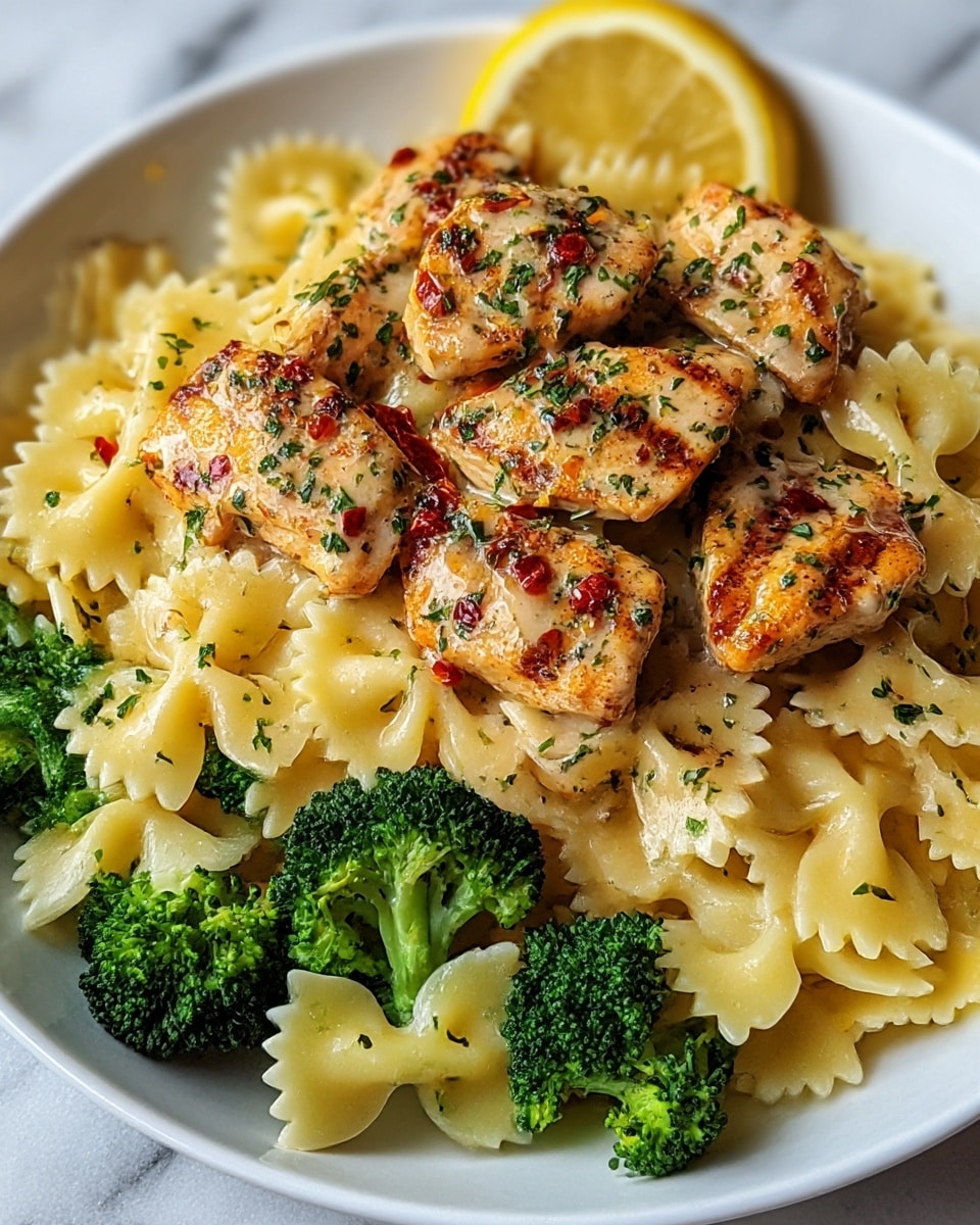 A white plate holds a dish with three main layers: the bottom layer is bright green broccoli florets scattered around the plate, the middle layer consists of light yellow bowtie pasta with a smooth, glossy texture, and the top layer features grilled chicken pieces with a golden-brown sear marked by visible grill lines, sprinkled with finely chopped herbs and small pieces of red chili flakes. The chicken is lightly coated with a melted creamy sauce, giving it a slightly shiny surface. In the background, a wedge of lemon is placed near the edge of the plate. The whole dish is set on a white marbled texture surface. Photo taken with an iphone --ar 4:5 --v 7