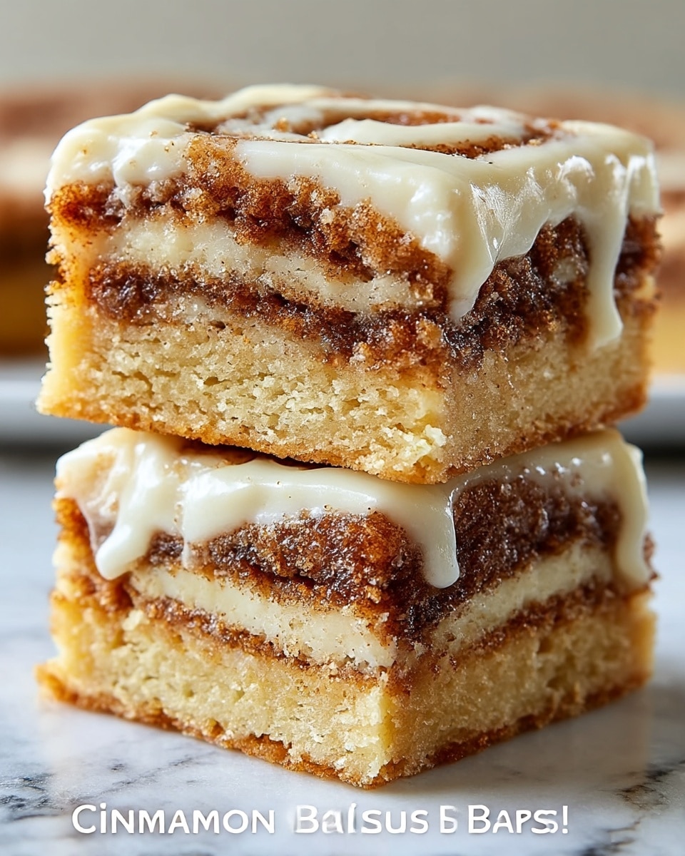 Two stacked cinnamon roll bars are shown on a white marbled surface. The bars have three visible layers: a light tan, soft dough base, followed by a thick, dark brown cinnamon-sugar filling layer, and topped with a creamy, pale icing layer that has a slightly glossy texture with swirled patterns. The edges of the bars show a crumbly texture with cinnamon specks throughout. The top bar is slightly tilted, showing the moist and dense texture clearly. Photo taken with an iphone --ar 4:5 --v 7