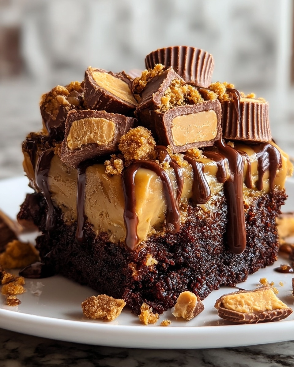 A close-up of a rich dessert bar with three clearly visible layers: the bottom is dark, moist brownie, the middle is thick, golden caramel, and the top is a crumbly peanut butter layer covered with smooth, melted chocolate drizzles. The dessert is topped with whole and halved peanut butter cups and scattered crumbs around the edges, all on a white plate with a white marbled surface underneath. Photo taken with an iphone --ar 4:5 --v 7