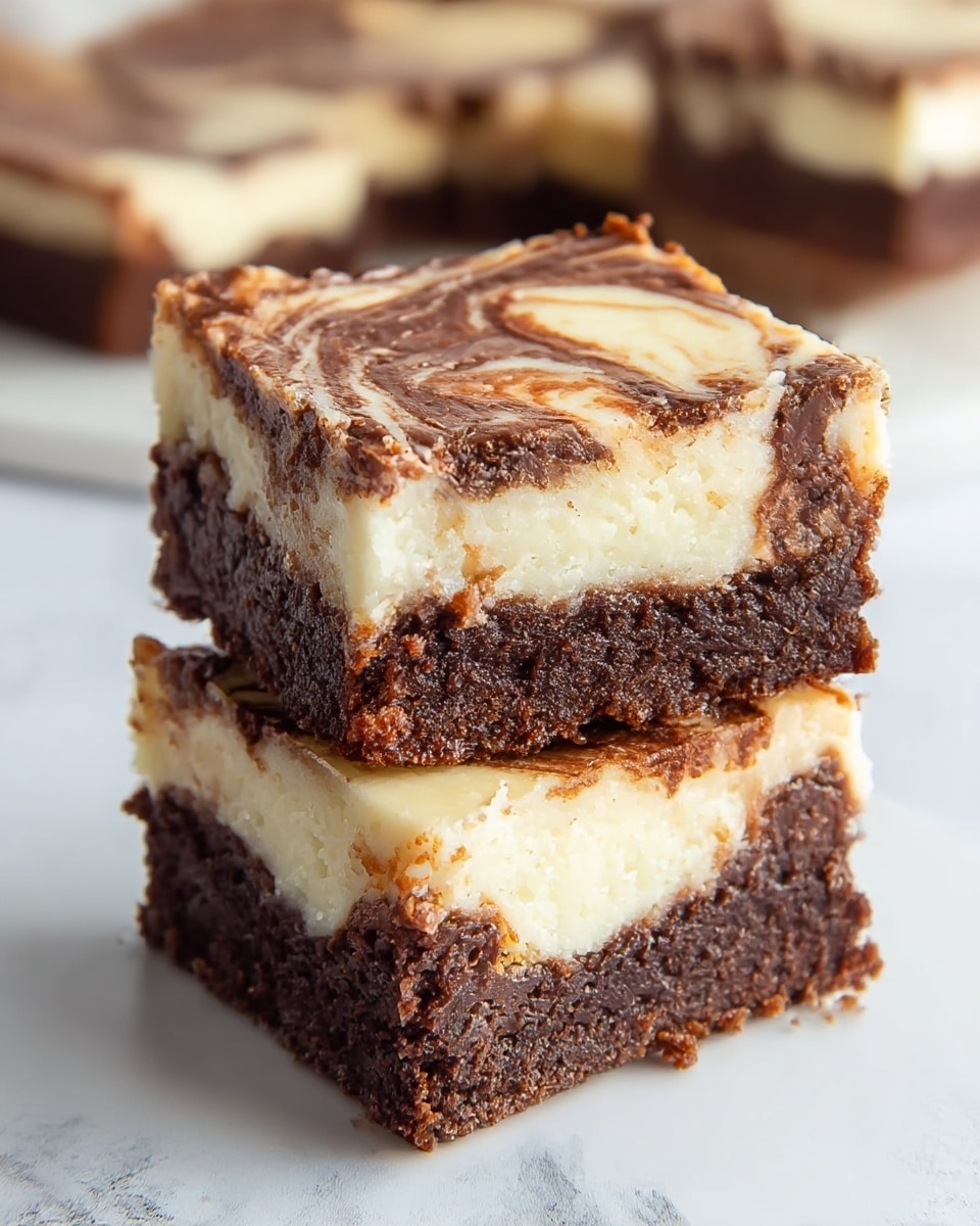 Two thick square brownie pieces are stacked on a white plate with a white marbled texture in the background. Each brownie has two visible layers: the bottom layer is dark brown and fudgy with a slightly crumbly texture, while the top layer is creamy light cream with dark brown chocolate swirl patterns that look smooth and marbled, blending gently into the cream. The edges of the brownies show slight cracks and a moist, dense inside. In the background, more brownies are visible, slightly blurred. Photo taken with an iphone --ar 4:5 --v 7