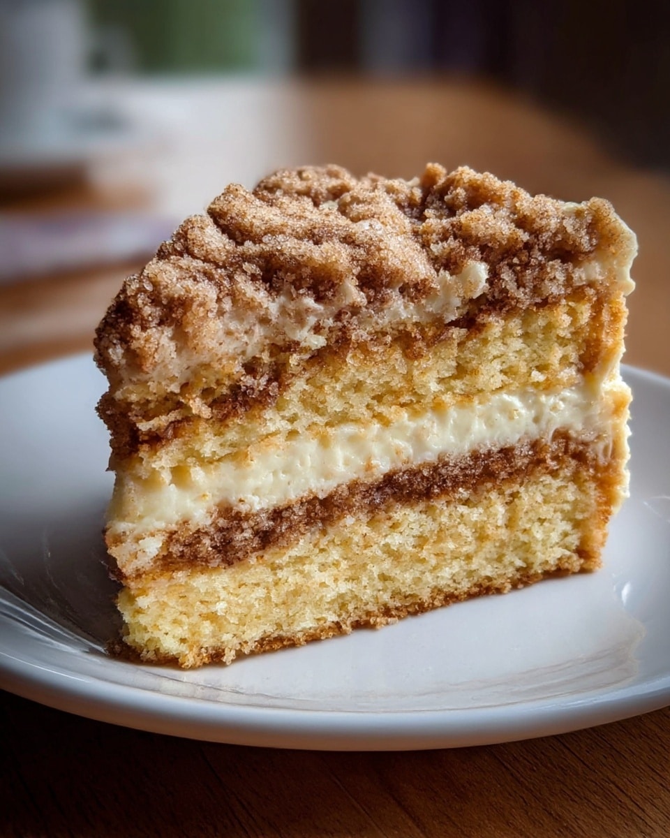 A close-up of a slice of crumb cake placed on a white plate with a subtle pattern. The cake has two thick layers of light golden crumbly cake with a middle layer of creamy filling mixed with a darker cinnamon swirl. The top of the cake is covered with a generous thick layer of crumb topping that is brown and craggy with sugar crystals visible. The background shows a blurred setting with warm tones and soft light. The plate sits on a white marbled textured surface. photo taken with an iphone --ar 4:5 --v 7