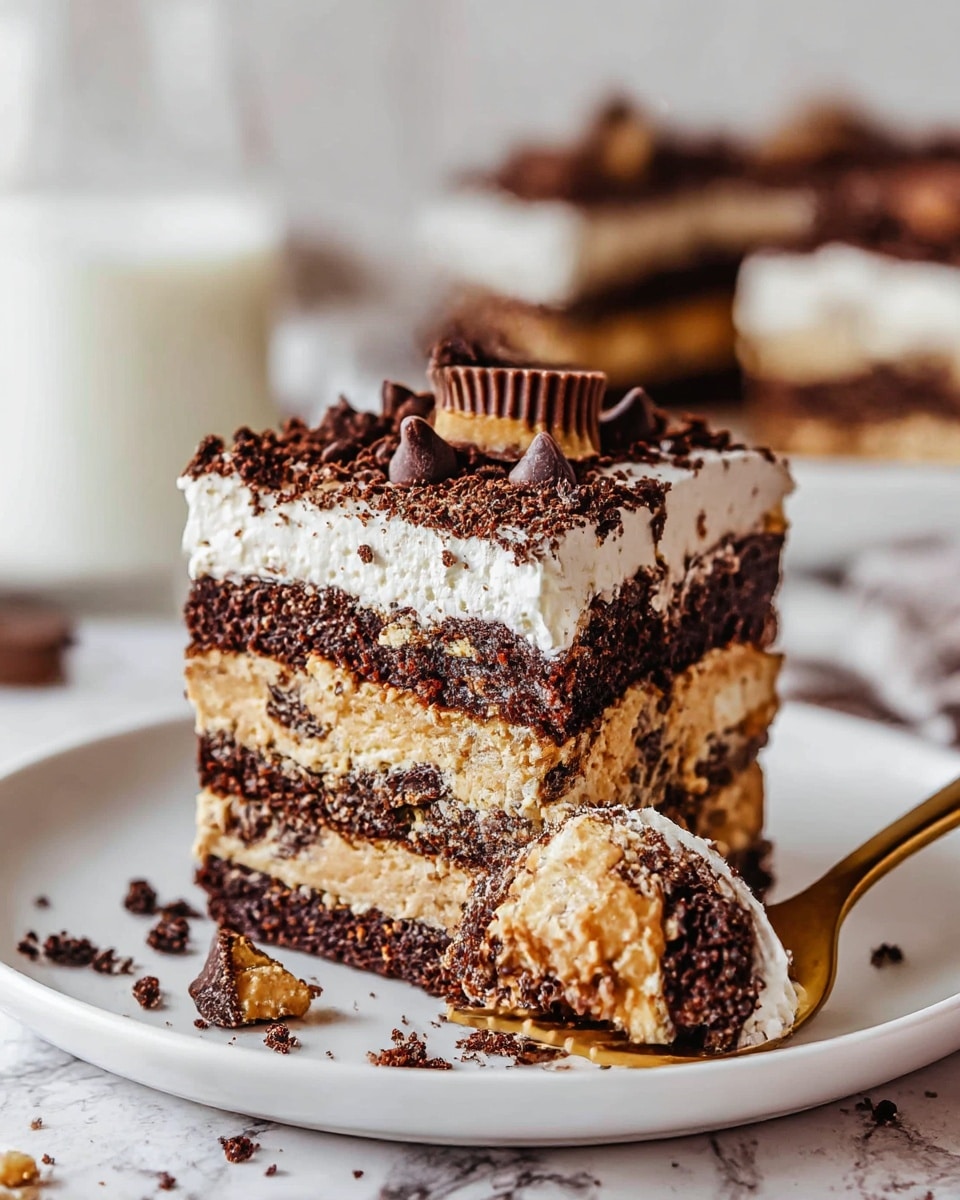 A square layered dessert sits on a white plate with a white marbled texture under it, showing five visible layers: the bottom and third layers are dark brown chocolate cake, the second and fourth layers are light brown peanut butter filling with chocolate chunks, and the middle layer is a thick dark chocolate spread. The top layer is fluffy white cream sprinkled with dark chocolate crumbs and mini chocolate chips, topped with a halved peanut butter cup. Crumbs and chips scatter around the plate. A gold fork with a woman's hand holds a bite showing the same layers and textures close to the camera. In the background, a glass of milk is slightly blurred. photo taken with an iphone --ar 4:5 --v 7