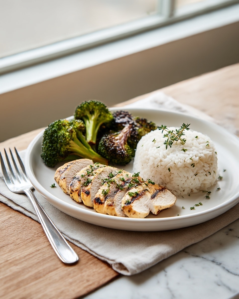 A white plate holds a neatly arranged meal with three main parts: on the right, a round mound of fluffy white rice topped with a small green herb sprig; at the back, a cluster of roasted broccoli florets, charred slightly to dark green and brown; and in front, a row of thick, grilled chicken slices with golden-brown grill marks, sprinkled with small green herbs. The plate sits on a light-colored cloth on top of a wooden table with a silver fork placed to the left. The scene is set in soft, natural light with a window in the blurred background and a white marbled textured surface beneath. photo taken with an iphone --ar 4:5 --v 7