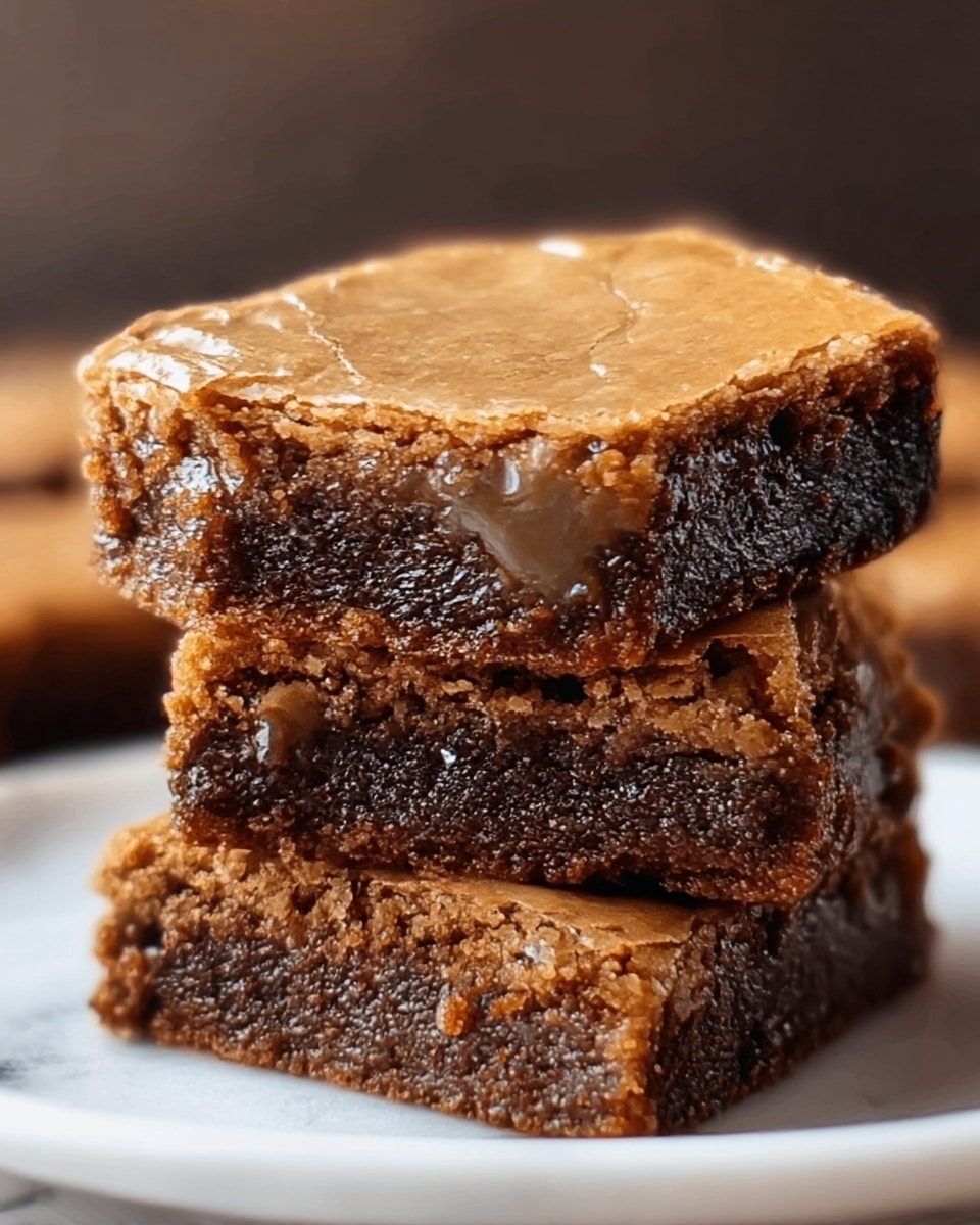 The image shows a close-up of two square brownies stacked on top of each other on a white plate, set on a white marbled surface. Each brownie has two visible layers: the top layer is a light brown with a shiny, slightly cracked texture, while the bottom layer is a darker brown and denser looking. The edges of the brownies have a crumbly texture, and the top surfaces have a glossy, uneven finish with subtle wave patterns. Photo taken with an iphone --ar 4:5 --v 7