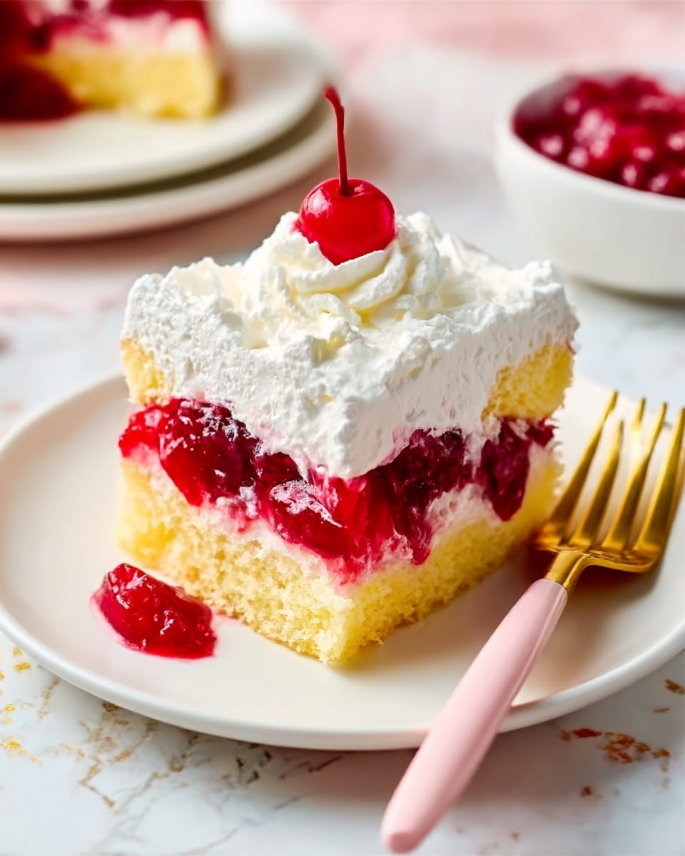 A slice of layered dessert is placed on a white plate with a soft pink napkin underneath the fork. The dessert has three main layers: the bottom layer looks white and moist, the middle layer is bright red with visible cherry pieces, and the top layer is thick and creamy white with whipped cream. There is a cherry on top with a glossy red shine. The background surface is a white marbled texture. Photo taken with an iphone --ar 4:5 --v 7
