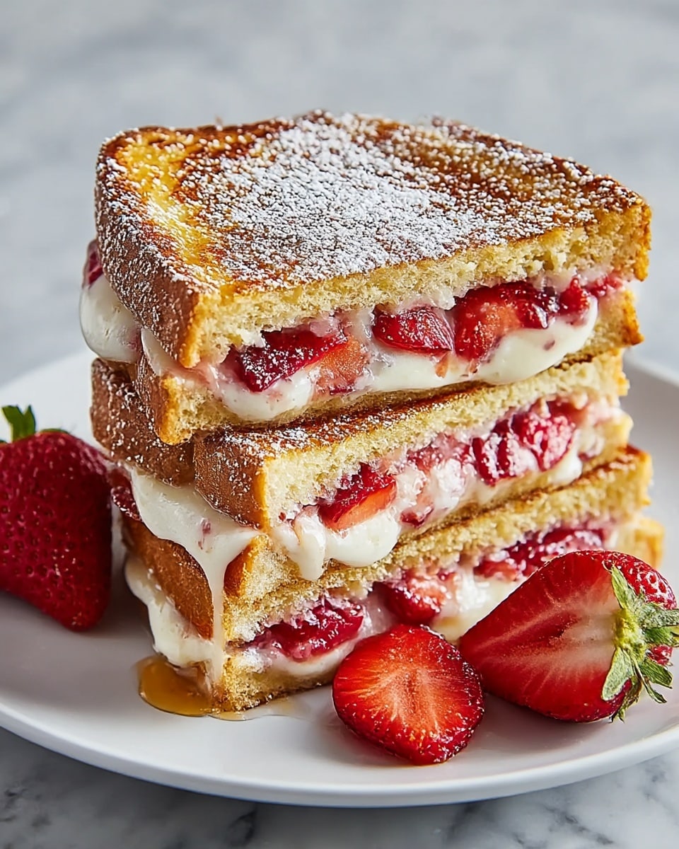 A stack of three triangular grilled sandwiches sits on a square white plate, each sandwich cut showing three layers: a golden brown outer crust with a slightly crispy texture, a middle layer of white melted cheese, and bright red sliced strawberries. The top sandwich is dusted lightly with powdered sugar, adding a soft white contrast to the golden crust. Around the plate, several fresh strawberry slices and one whole strawberry with its green leaves sit on a white marbled surface, with a small drizzle of syrup adding shine and warmth. Photo taken with an iphone --ar 4:5 --v 7