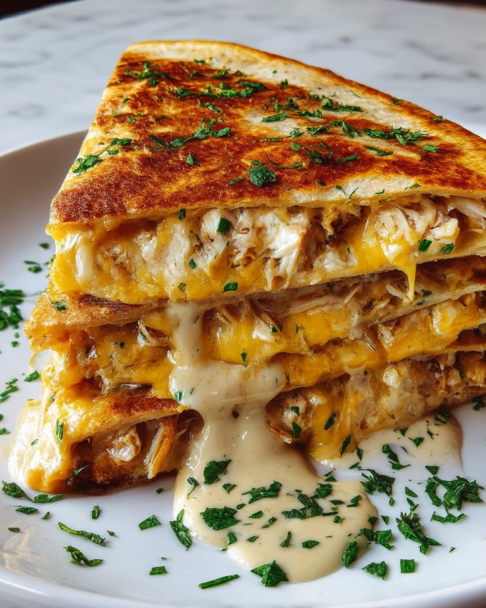 A close-up of a quesadilla cut into three triangular slices stacked on a white plate, showing three layers inside each slice: a crispy golden-brown outer tortilla with a slightly charred texture, a middle layer of melted white and yellow cheese mixed with shredded chicken, and a creamy sauce dripping from the layers with a smooth texture. The quesadilla is garnished with finely chopped green herbs scattered on top and around the plate. The plate sits on a surface with a white marbled texture. photo taken with an iphone --ar 4:5 --v 7