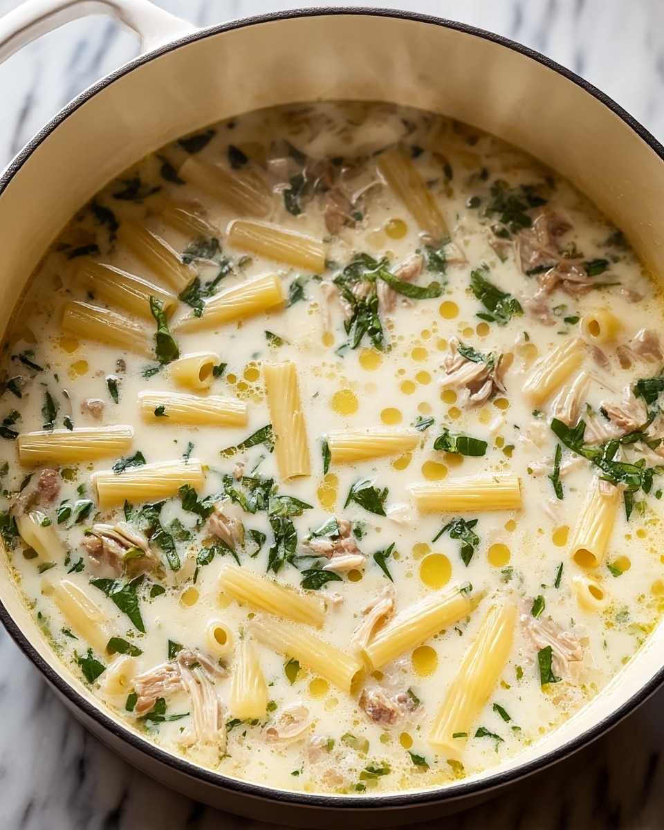 The image shows a large white pot filled with creamy soup. The soup has a pale, milky base and is layered with short, pale yellow pasta tubes, small pieces of tender brown meat, and scattered green herb leaves. The surface of the soup has a smooth, slightly oily texture with drops of yellow oil and specks of black pepper. The pot is placed on a white marbled surface, with a gray cloth partially visible under the pot. photo taken with an iphone --ar 4:5 --v 7