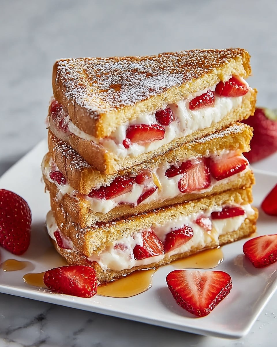 A stack of three triangular grilled sandwich slices on a white square plate, each slice showing two layers of golden brown toasted bread with a soft, creamy white melted cheese and bright red strawberry pieces inside, some cheese oozing out between the layers, and a light dusting of powdered sugar covering the top slice and the plate. Around the stack are fresh strawberry slices and a couple of whole strawberries resting on the white marbled surface. A drizzle of syrup pools slightly near the plate's edge. Photo taken with an iphone --ar 4:5 --v 7