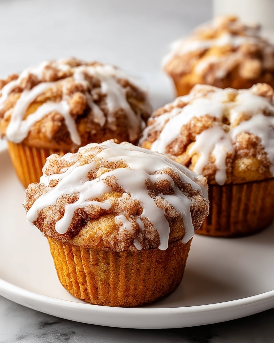 Four cinnamon crumb muffins sit on a white plate against a white marbled background. Each muffin has a golden brown base with visible ridges, topped with a thick layer of crumbly, dark brown cinnamon streusel. Drizzled over the muffins is a white glaze that runs down unevenly in soft, smooth streams, adding a shiny texture. The muffins appear moist and rich, with the crumb topping looking slightly crunchy and uneven in shape. Photo taken with an iphone --ar 4:5 --v 7