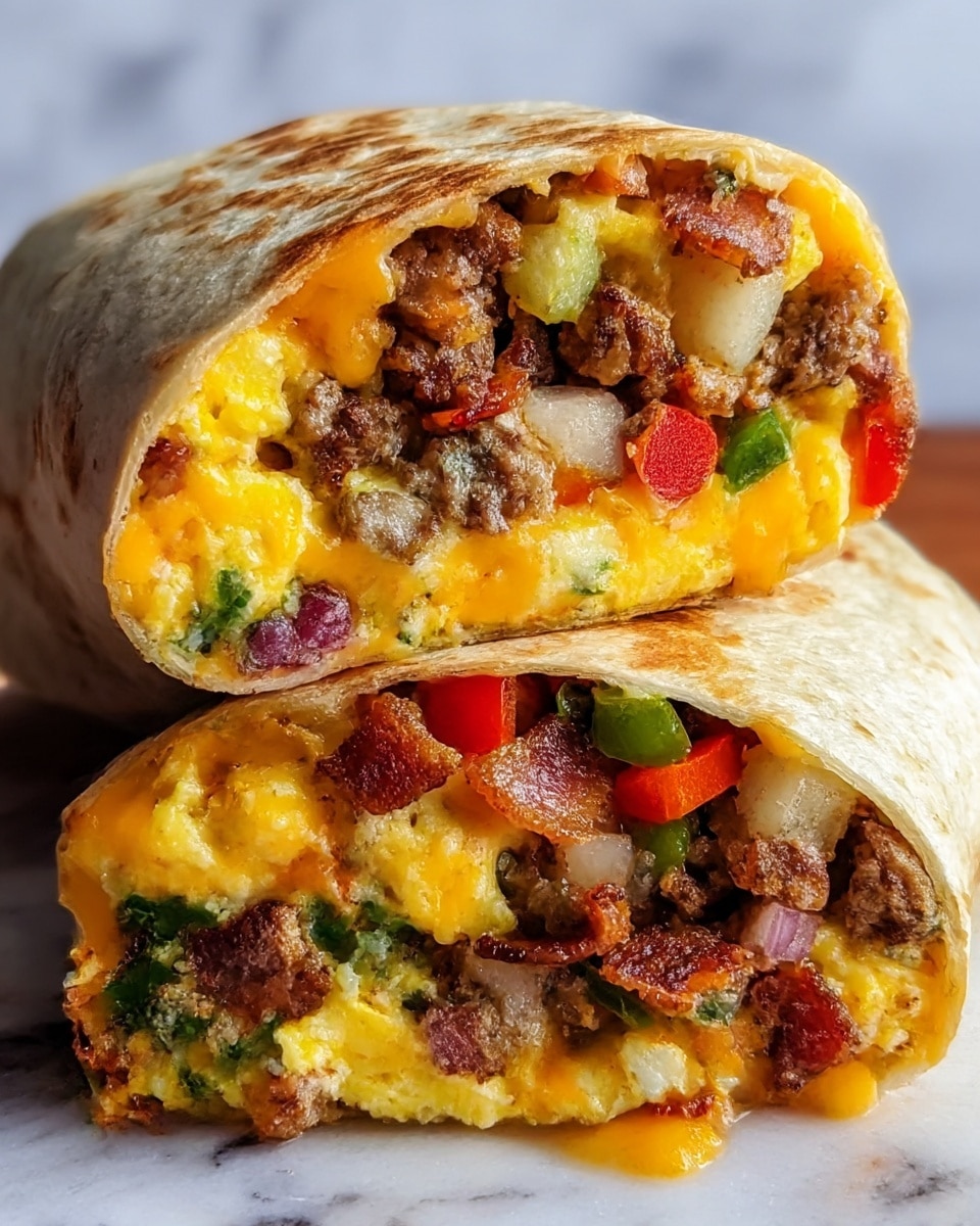 A close-up of a breakfast burrito cut in half, stacked with one half resting on top of the other on a white marbled surface. The burrito has three main layers: the outer layer is a lightly toasted, golden-brown flour tortilla with a soft texture; inside, the first layer is bright yellow scrambled eggs mixed with melted orange cheddar cheese, creating a creamy and slightly gooey texture; the next layer is a mix of browned ground sausage bits, crispy bacon pieces, small cubes of white potato, and colorful diced red and green bell peppers, adding a rich texture and vibrant color contrast. The fillings are tightly packed and slightly spilling out, showing a mix of textures and warm colors. Photo taken with an iphone --ar 4:5 --v 7
