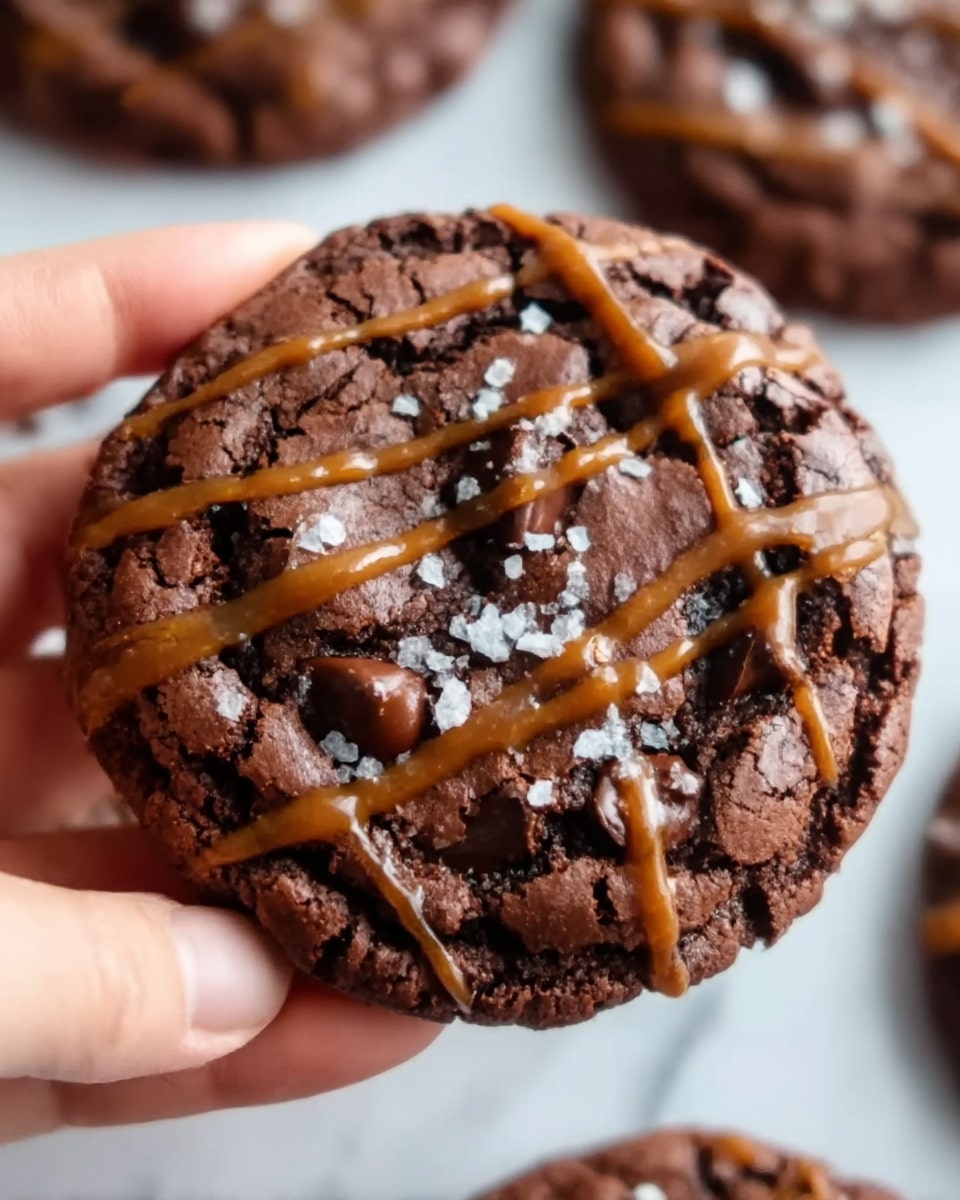 A close-up of a round, thick chocolate cookie with a cracked texture on top, showing a rich dark brown color. It is decorated with caramel drizzle in thin, uneven lines across the surface and sprinkled with coarse white sea salt. The cookie is being held by a woman's hand against a white marbled background where another cookie is partly visible. The cookie looks soft and gooey with visible chocolate chunks. Photo taken with an iphone --ar 4:5 --v 7