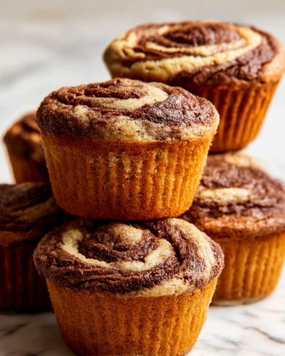 The image shows a stack of four muffins with a marbled swirl pattern on top, combining dark brown chocolate and light golden vanilla colors. The muffins have a slightly crispy texture on the outside with visible cracks revealing the soft inside. One muffin is placed on top of the stack, and the others form a small pile below it. The background is a white marbled texture, and a woman's hand is gently touching one muffin from the side. photo taken with an iphone --ar 4:5 --v 7
