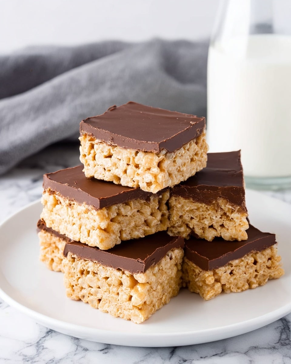 The image shows a stack of six rice crispy treats with a smooth, thick chocolate layer on top. The treats have a light golden color with a textured, crispy rice cereal base. The chocolate layer is dark brown and glossy, evenly covering the top of each square. They are arranged on a white plate with a white marbled surface underneath. In the background, there is a glass of milk and a gray cloth. photo taken with an iphone --ar 4:5 --v 7