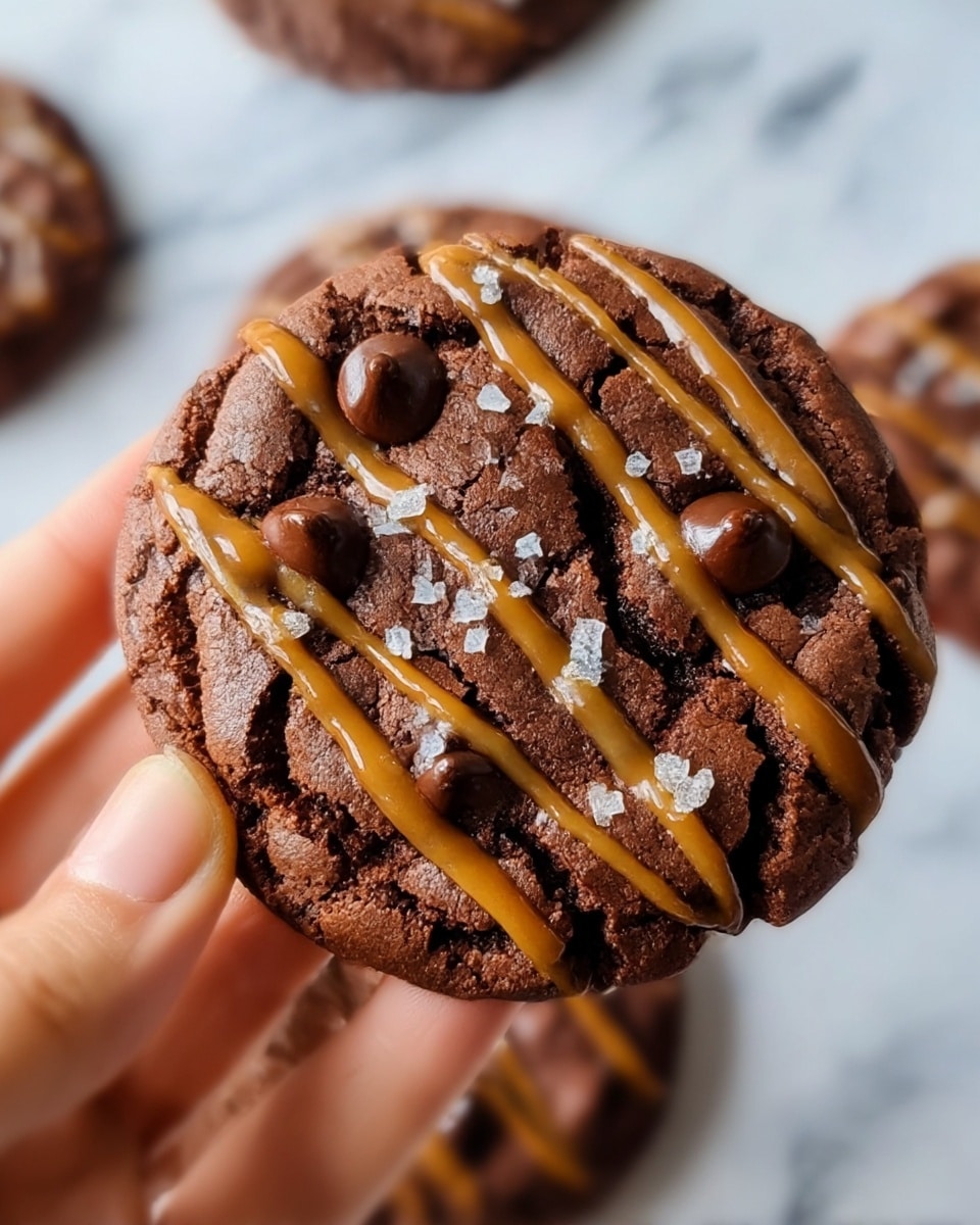 A close-up image shows a single round chocolate cookie held by a woman's hand against a white marbled texture. The cookie has a cracked, rough surface with dark brown chunks of melted chocolate embedded in it. Thin, shiny caramel stripes are drizzled across the top, and small flakes of white sea salt are sprinkled over the surface, creating a contrast in texture and color. The background is softly blurred, with another cookie visible but out of focus. photo taken with an iphone --ar 4:5 --v 7