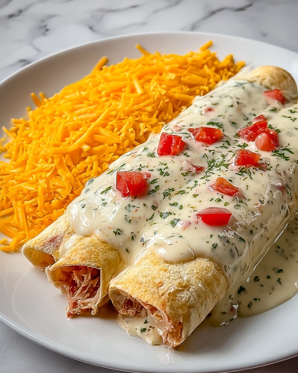 The image shows two rolled tortillas filled with shredded meat, placed side by side on a white plate. They are covered with a thick layer of creamy white cheese sauce that has specks of green herbs and small red tomato pieces scattered on top. Behind the tortillas, there is a large portion of bright orange shredded cheddar cheese filling the rest of the plate. The plate sits on a surface with a white marbled texture, and the colors of the dish stand out vividly against the simple background. photo taken with an iphone --ar 4:5 --v 7