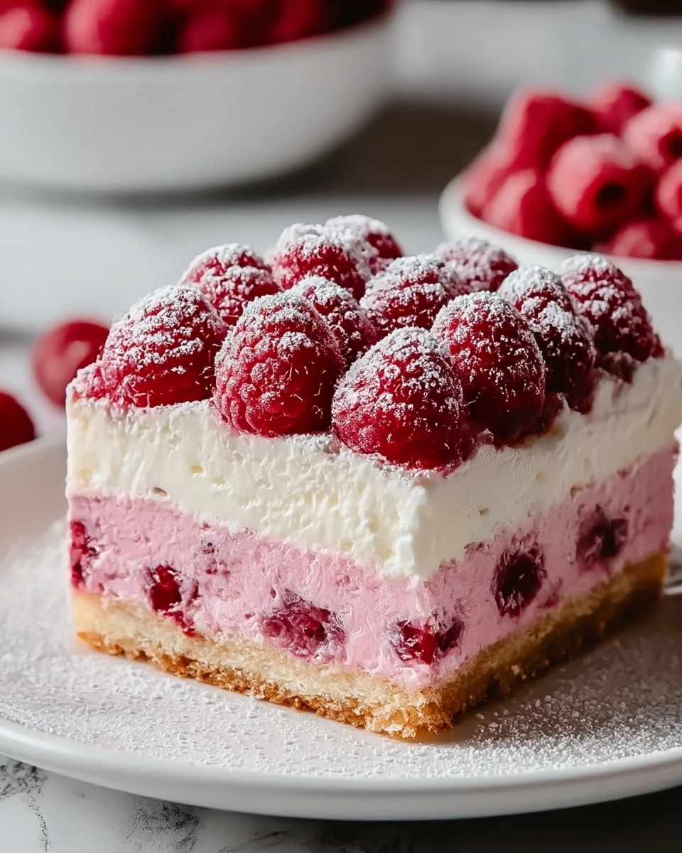 A slice of cake on a white plate with a crumbly light brown crust as the bottom layer, topped by a thick pale pink creamy layer embedded with whole raspberries, then covered by a thick soft white creamy layer, and finished with a dense top layer of fresh bright red raspberries dusted with powdered sugar. The cake is placed on a white marbled texture surface, with a fork and a blurred bowl of raspberries in the background. photo taken with an iphone --ar 4:5 --v 7