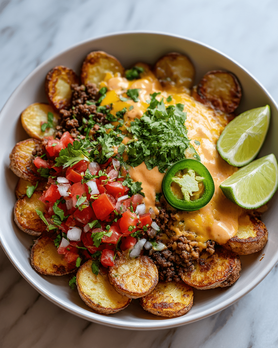 A white bowl filled with several layers: the bottom layer is round golden-brown roasted potato slices with a crispy texture; above the potatoes is a layer of cooked, crumbly brown ground beef; melted yellow cheese is draped over part of the beef, topped with a creamy light orange sauce. On one side, there is a fresh salsa made of bright red diced tomatoes and small pieces of white and purple onion mixed with green cilantro. Two lime wedges sit at the edge of the bowl. The dish is garnished with chopped cilantro and a single sliced green jalapeño pepper placed on the sauce. The bowl is set on a white marbled surface. photo taken with an iphone --ar 4:5 --v 7