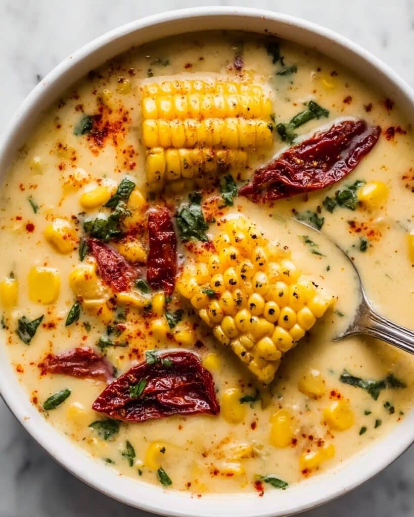 Irresistible Sun Dried Tomato Corn Chowder with Goat Cheese Croutons Recipe
