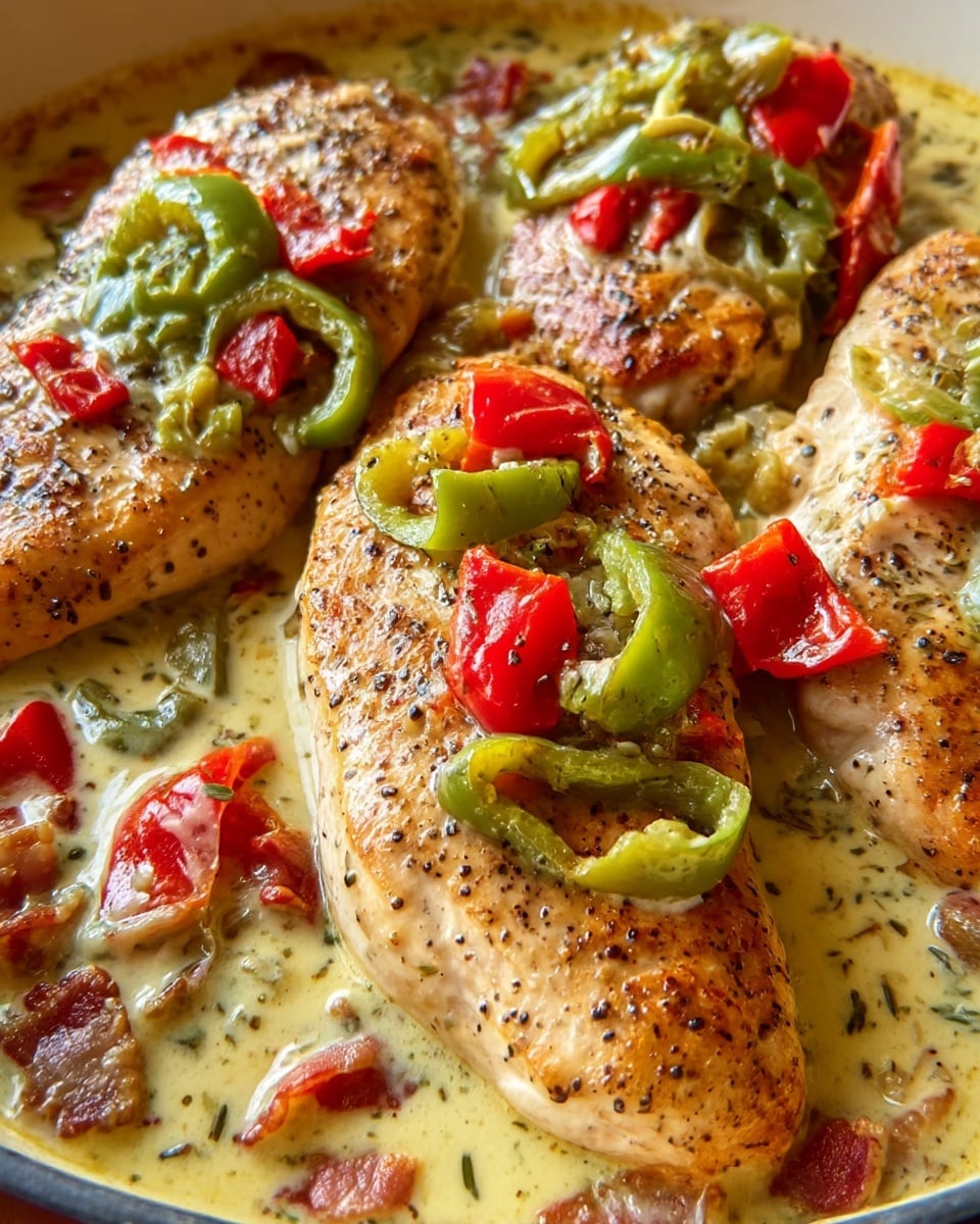 The image shows four pieces of cooked chicken breasts arranged in a pan, each piece having a golden-brown, slightly crispy outer layer with black pepper flakes visible on top. The chicken breasts are partially submerged in a creamy, light yellow sauce. On the chicken, there are slices of green pepper and bright red pepper pieces scattered across the surface. The sauce has a smooth texture and fills the space around the chicken, with some small bits of peppers and herbs floating in it. The pan is black, and the background surface is a white marbled texture. photo taken with an iphone --ar 4:5 --v 7