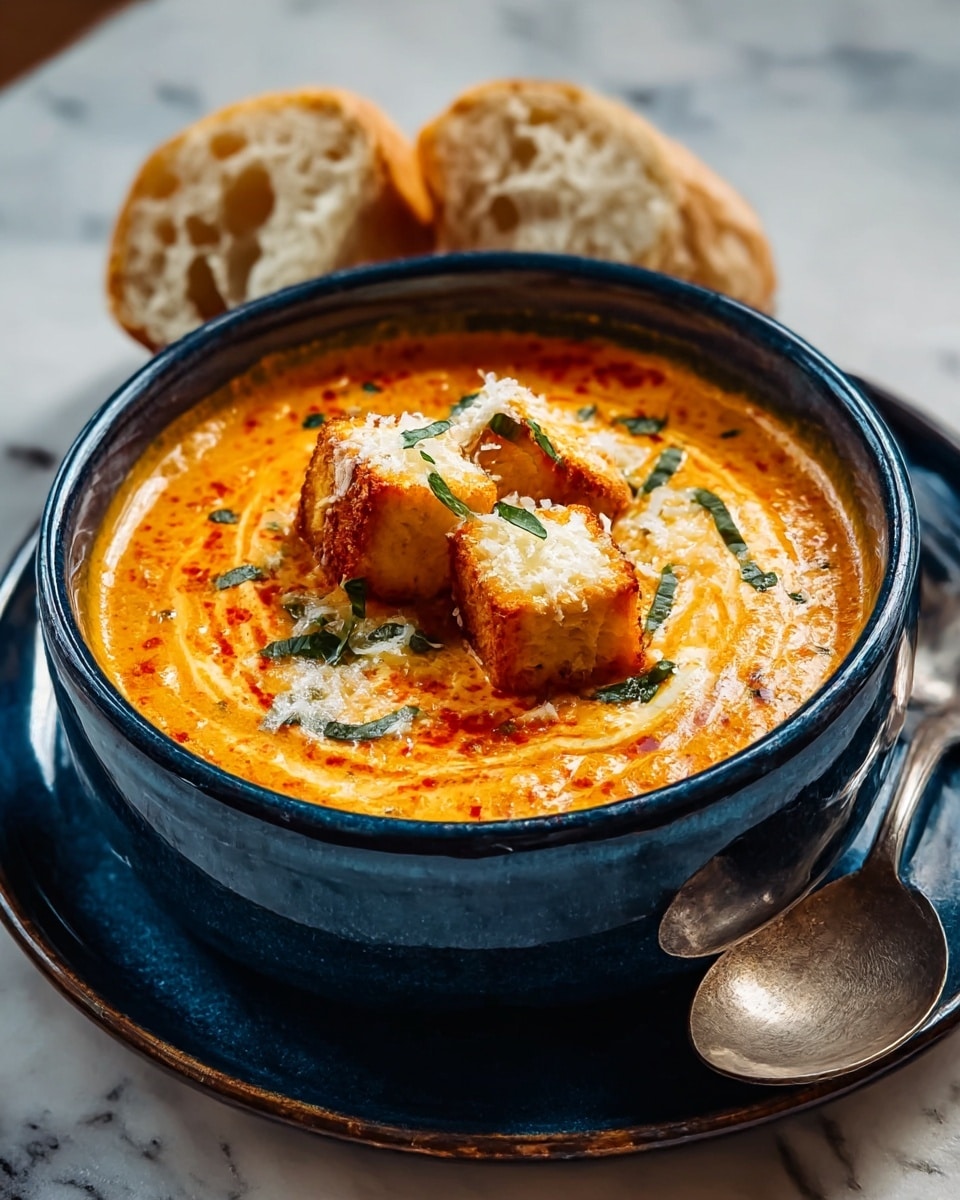 A close-up of a dark bowl filled with creamy orange soup that has a smooth and slightly foamy texture. On top, there are three pieces of golden-brown toasted bread chunks, sprinkled with green herbs and white melted cheese strands, adding color contrast and texture. The bowl sits on a white marbled surface with a shiny silver spoon and two slices of bread with a rough crust beside it. Soft light highlights the warm and cozy feel of the dish. photo taken with an iphone --ar 4:5 --v 7