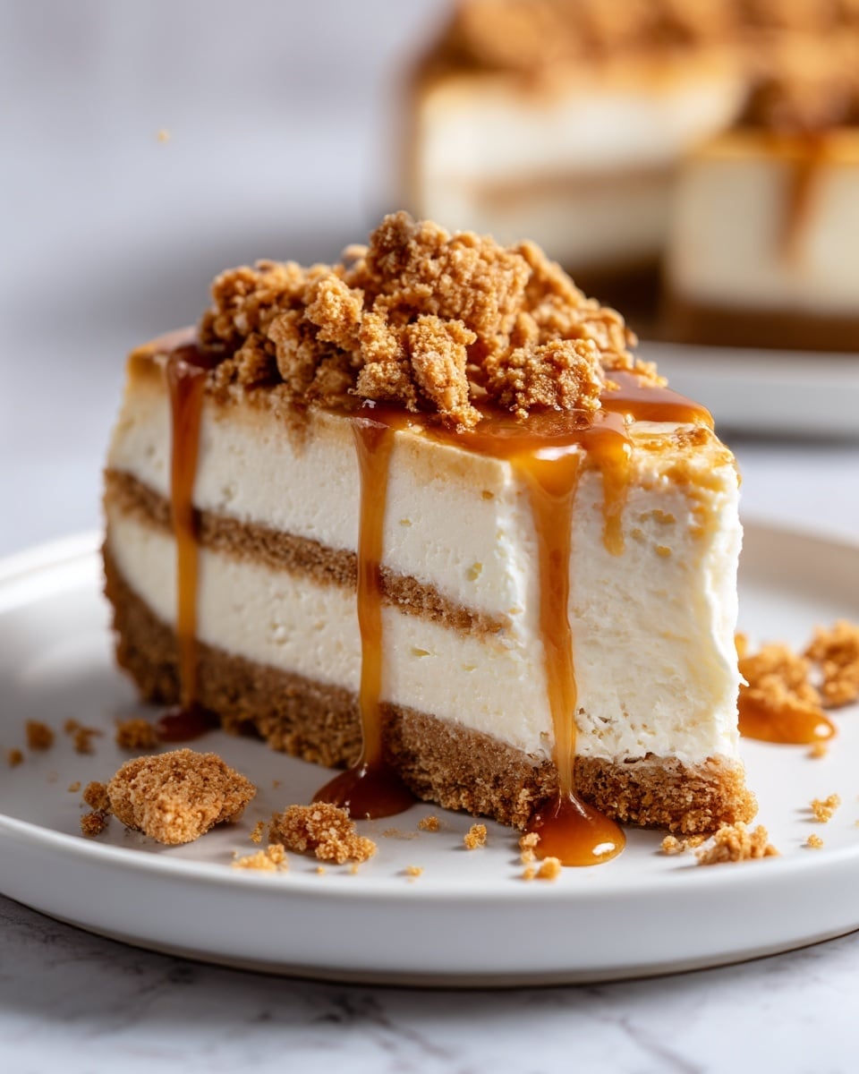 A close-up of a slice of cheesecake on a white plate, showing three main layers: the bottom layer is a thick, crumbly brown crust, the middle layer is a thick, creamy white cheesecake filling with a smooth texture, and the top layer has a crumbly, golden-brown streusel with chunks of a cookie or biscuit sprinkled on top. A rich caramel sauce drips down the sides of the cheesecake slice, adding a glossy sheen and combining with the crumbs on the plate. The plate rests on a white marbled surface in soft lighting. photo taken with an iphone --ar 4:5 --v 7