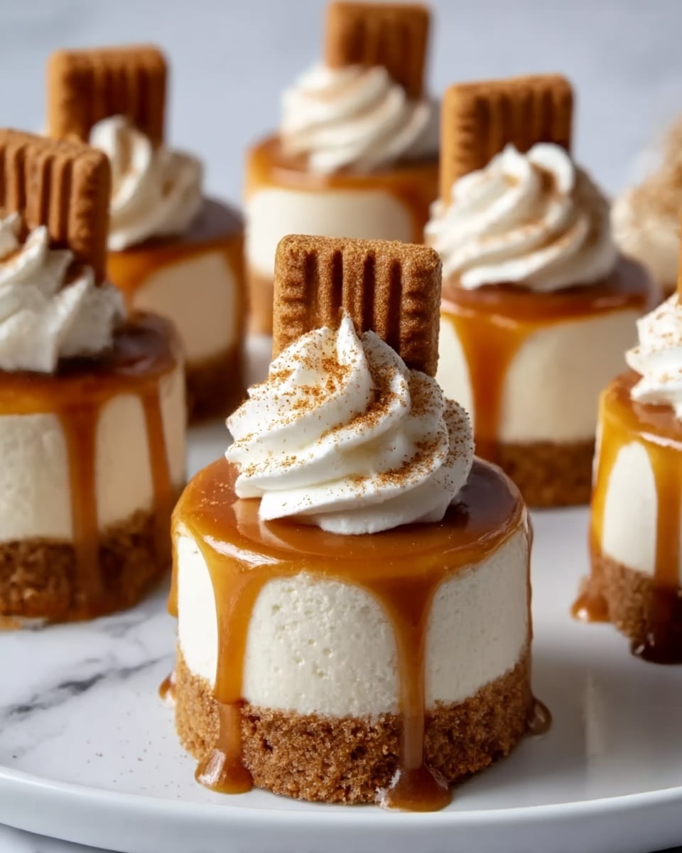 Small round cheesecakes are shown in close view, each with three layers: the bottom layer is a rough, crumbly brown crust; above it is a thick, smooth, creamy white cheesecake layer; the top is covered with shiny caramel sauce dripping down the sides. On top of each cheesecake, there is a swirl of white whipped cream sprinkled with brown crumbs, and a small rectangular brown biscuit is placed standing in the cream. These cheesecakes are placed on a white rectangular tray on a white marbled surface, with soft focus cheesecakes in the background. photo taken with an iphone --ar 4:5 --v 7