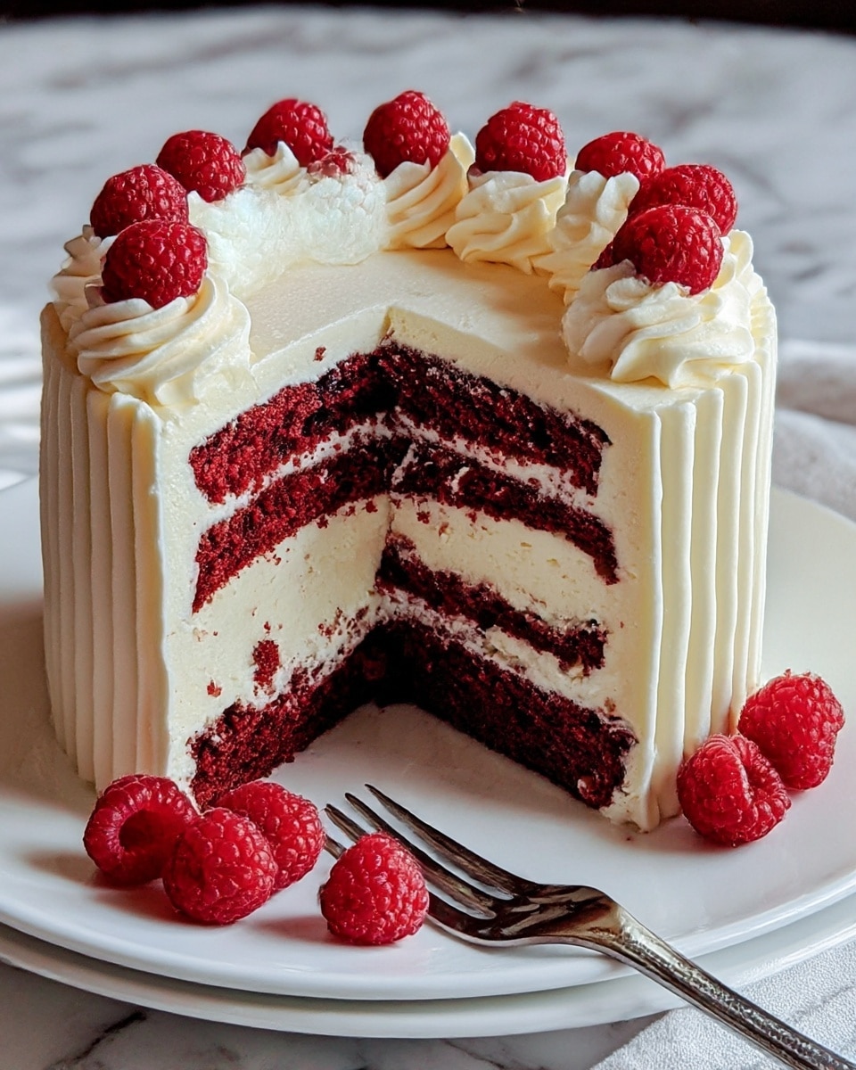 A small round cake with three dark red layers separated by two thick white cream layers. The outside is covered with smooth white cream decorated with wavy vertical lines. On top, there is a ring of bright red raspberries sitting on a thick layer of cream, with a few raspberries placed next to the cake on a white plate. A silver fork lies beside the cake on the plate. The background shows a white marbled surface. photo taken with an iphone --ar 4:5 --v 7