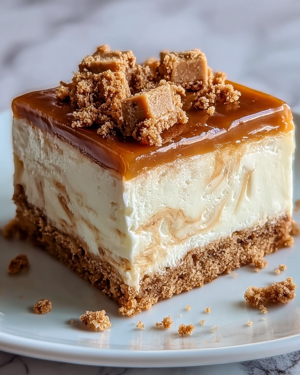A close-up image of a square dessert piece on a white plate with a white marbled texture background, showing four distinct layers: the bottom layer is a golden brown crumbly crust, the second layer is a smooth light brown caramel-like filling, above that is a thick, fluffy white cream layer, followed by a textured light brown cake layer with bits inside, and the top is covered with a shiny, rich medium brown caramel layer with small crumbly pieces scattered on top and around the plate. Photo taken with an iphone --ar 4:5 --v 7