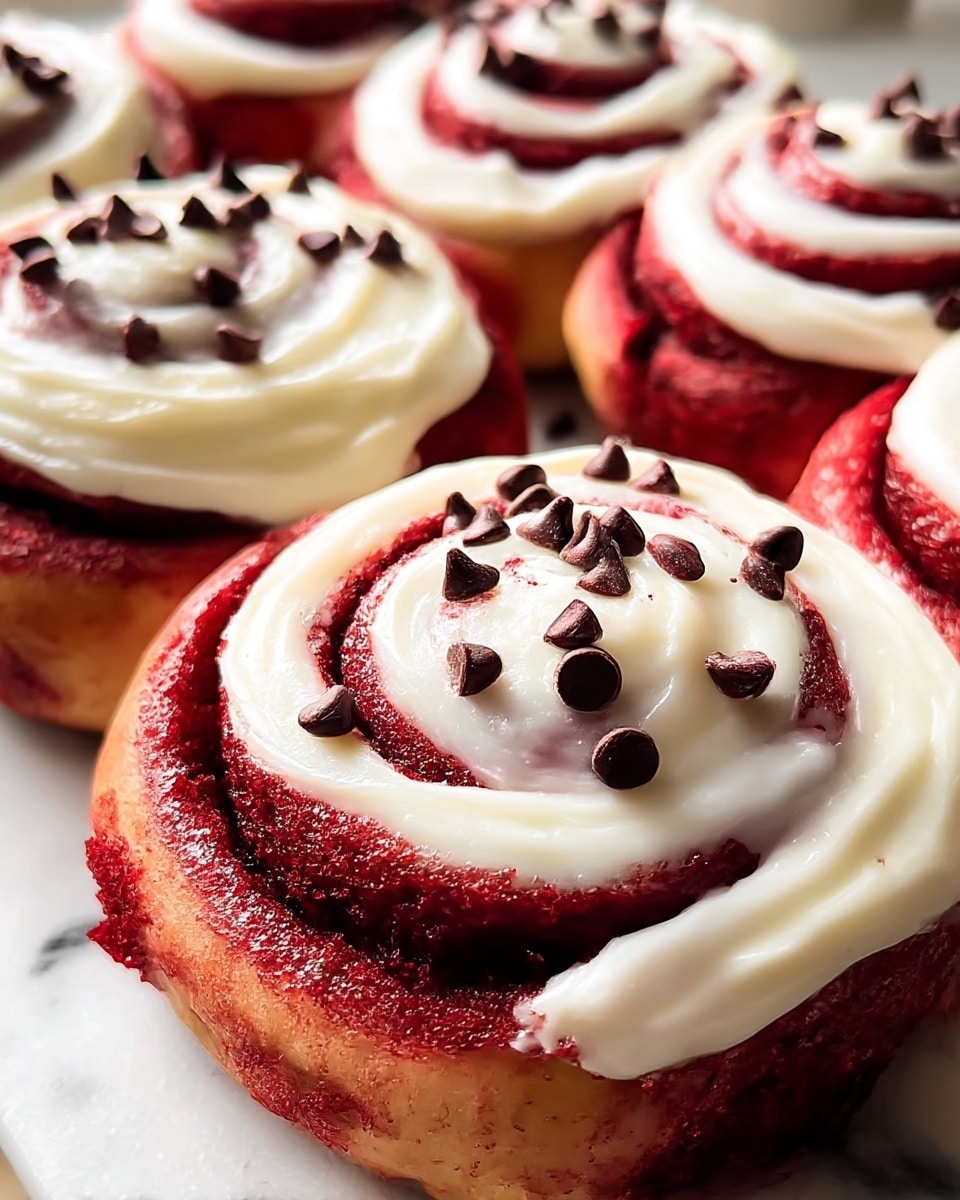 The image shows close-up red velvet cinnamon rolls arranged in rows on a tray with white parchment paper. Each roll has three main layers: the bottom layer is a soft, red-brown dough, the middle layer is rolled with deep red velvet crumbs creating a spiral, and the top layer is a thick, creamy white frosting spread unevenly with some dripping down the sides. Scattered dark chocolate chips are placed on top of the frosting, adding a contrasting texture and color. The scene is lit softly, highlighting the creamy and slightly glossy texture of the frosting and the crumbly nature of the red velvet crumb layer. photo taken with an iphone --ar 4:5 --v 7