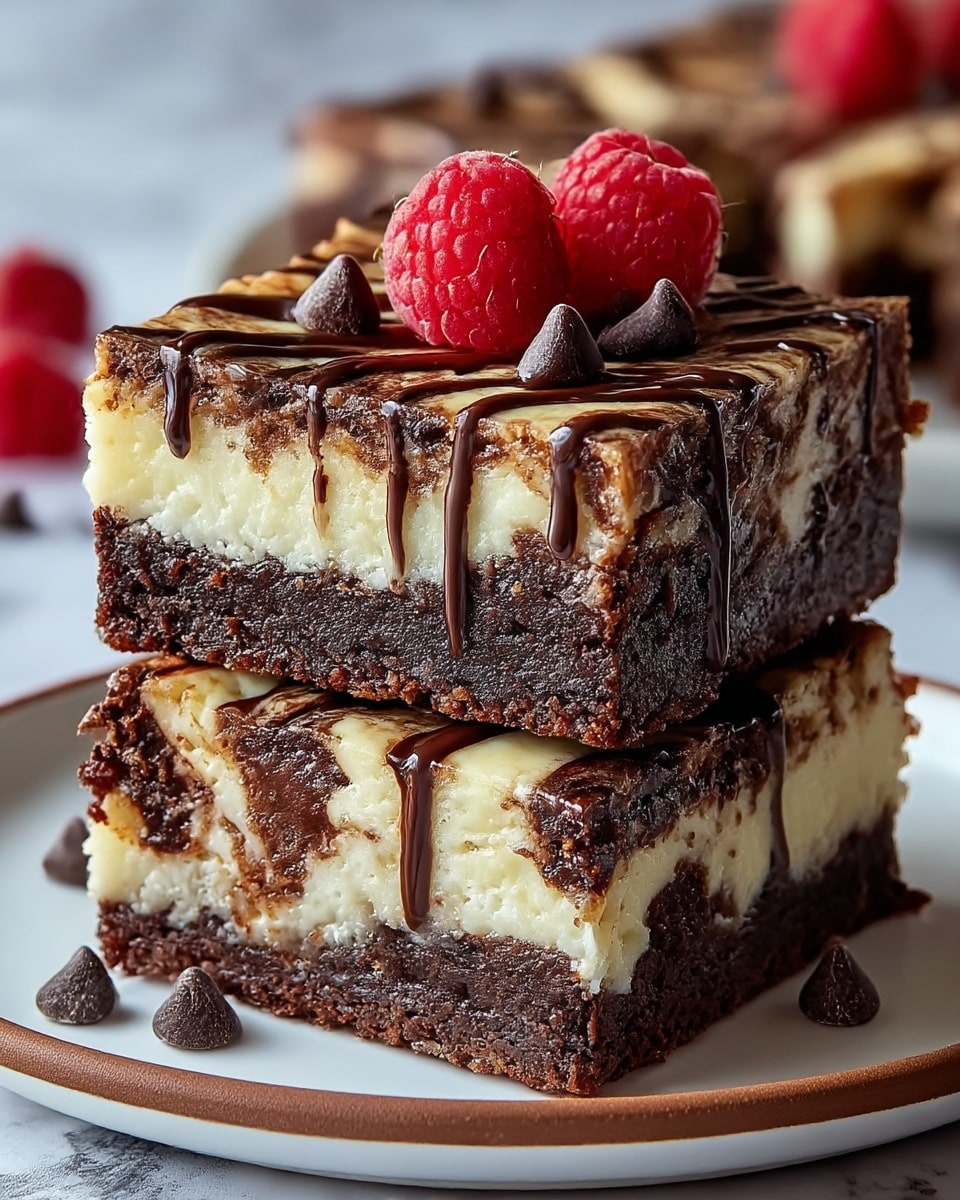 Two layered chocolate and cream cheesecake bars are stacked on a white plate with brown rim. The bottom layer is dense, dark chocolate brownie with a rich and fudgy texture. The top layer is creamy white cheesecake mixed with swirls of chocolate, creating a marbled look. The top bar is garnished with two bright red raspberries and several shiny dark chocolate chips. There is a drizzle of dark chocolate sauce over the top with a soft, moist look. The plate sits on a white marbled surface. photo taken with an iphone --ar 4:5 --v 7