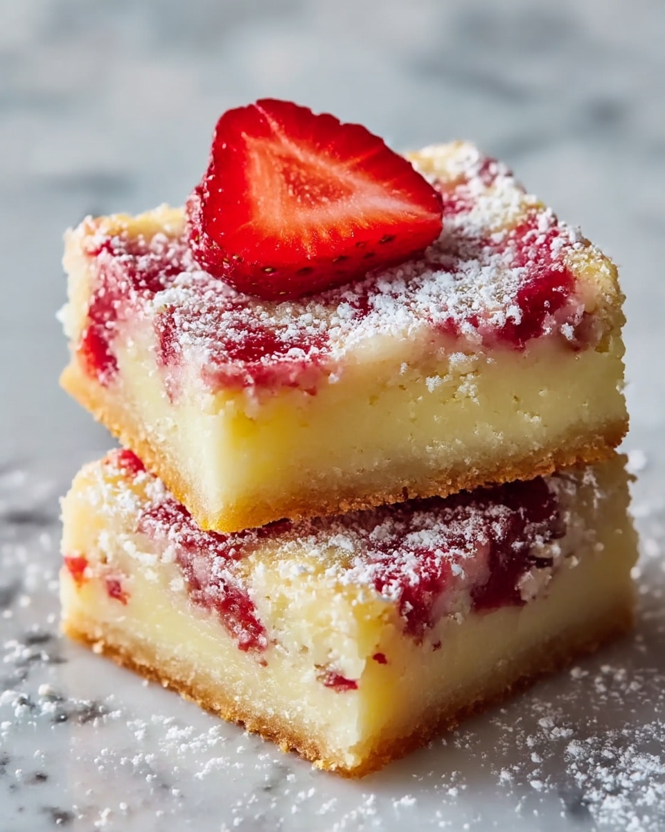 Two square pieces of dessert are stacked on top of each other on a white marbled surface. Each piece has three visible layers: a light golden brown crust at the bottom, a thick creamy yellow middle layer, and a top layer with red strawberry swirls mixed into the creamy layer, dusted with white powdered sugar. A thin slice of fresh strawberry with red and white colors sits on top of the upper piece. The texture looks soft and moist with a slightly crumbly crust. Photo taken with an iphone --ar 4:5 --v 7