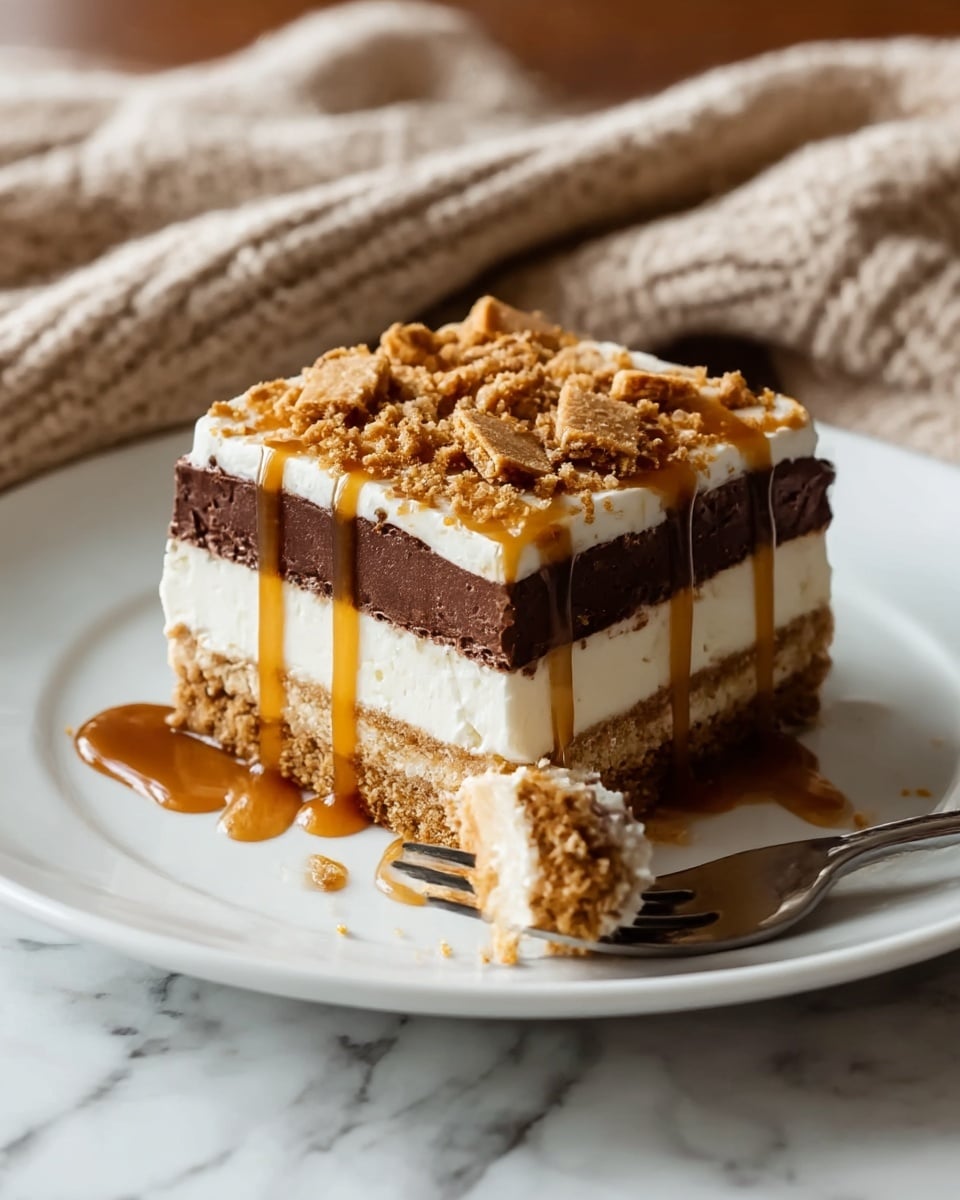 A square dessert with four main layers sits on a white square plate over a white marbled surface. The bottom and third layers are light brown crumbly cookie crust, while the second and fourth layers are thick, dark brown chocolate filling. Between the second and third layers, and on top of the dessert, is a fluffy white cream layer. The top is sprinkled with cookie crumbs and small cookie pieces. A golden caramel sauce is drizzled in thin waves over the top and dripping down the sides. A silver fork rests beside the dessert with a bite-sized piece holding all layers. Photo taken with an iphone --ar 4:5 --v 7